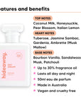 Day Dream perfume scent notes, top notes Coconut Milk, Honeysuckle, Pear Blossom, Italian Lemon, heart notes Tuberose, Jasmine Sambac, Gardenia, Ambrette (Musk Mallow), base notes Bourbon Vanilla, Sandalwood, Musk, Patchouli