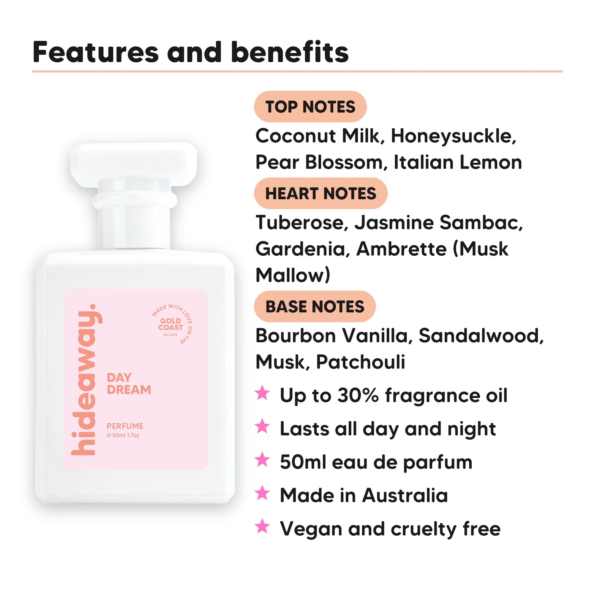 Day Dream perfume scent notes, top notes Coconut Milk, Honeysuckle, Pear Blossom, Italian Lemon, heart notes Tuberose, Jasmine Sambac, Gardenia, Ambrette (Musk Mallow), base notes Bourbon Vanilla, Sandalwood, Musk, Patchouli