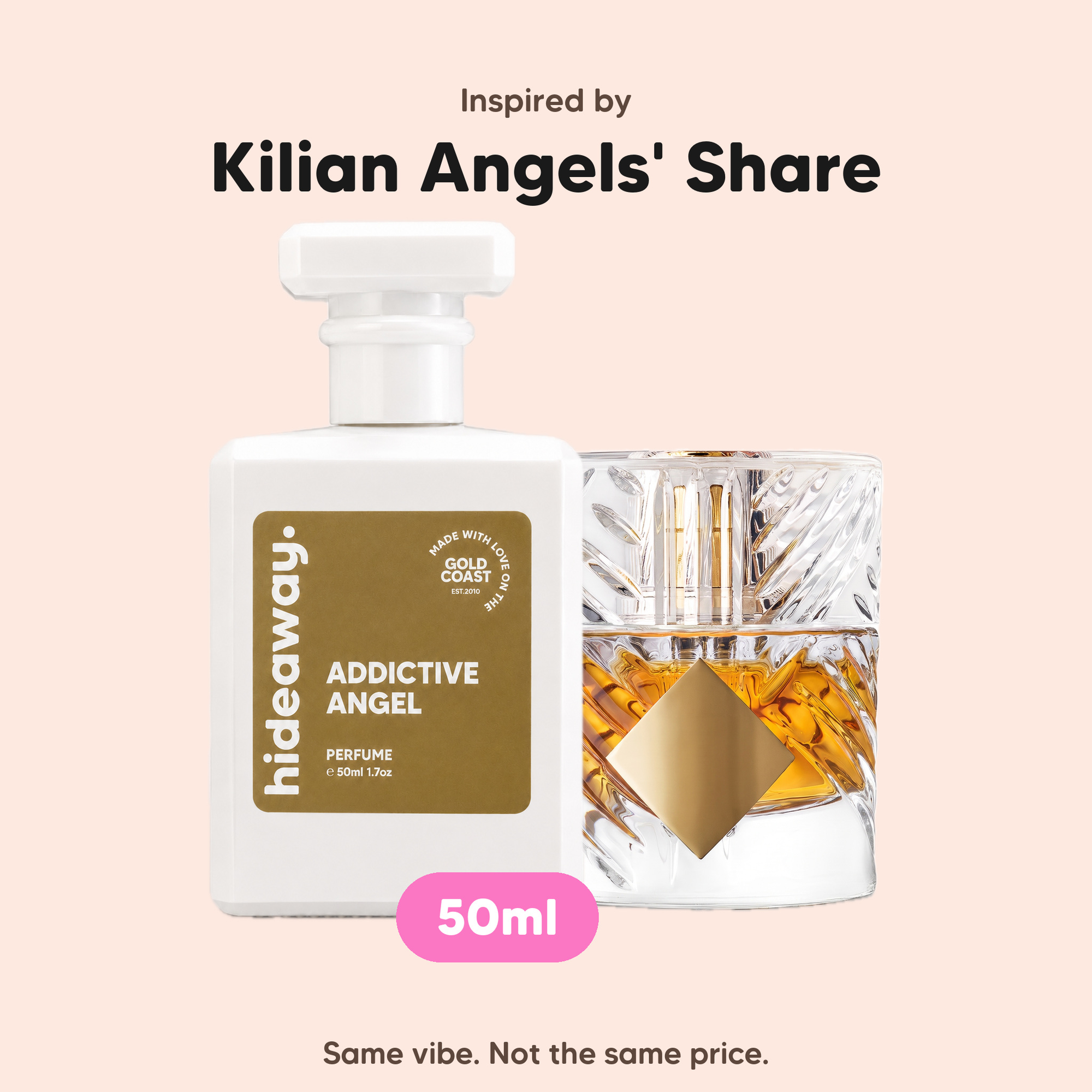 hideaway. Addictive Angel perfume 50ml beside the Kilian Angels Share bottle it is inspired by, handmade on the Gold Coast
