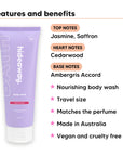 Mini Aurora Rouge Body Wash features, top notes Jasmine, Saffron, heart notes Cedarwood, base notes Ambergris Accord, travel size, vegan and cruelty free