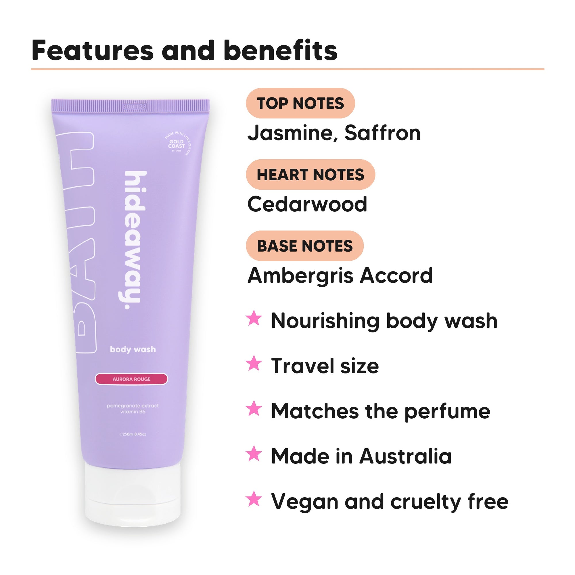 Mini Aurora Rouge Body Wash features, top notes Jasmine, Saffron, heart notes Cedarwood, base notes Ambergris Accord, travel size, vegan and cruelty free