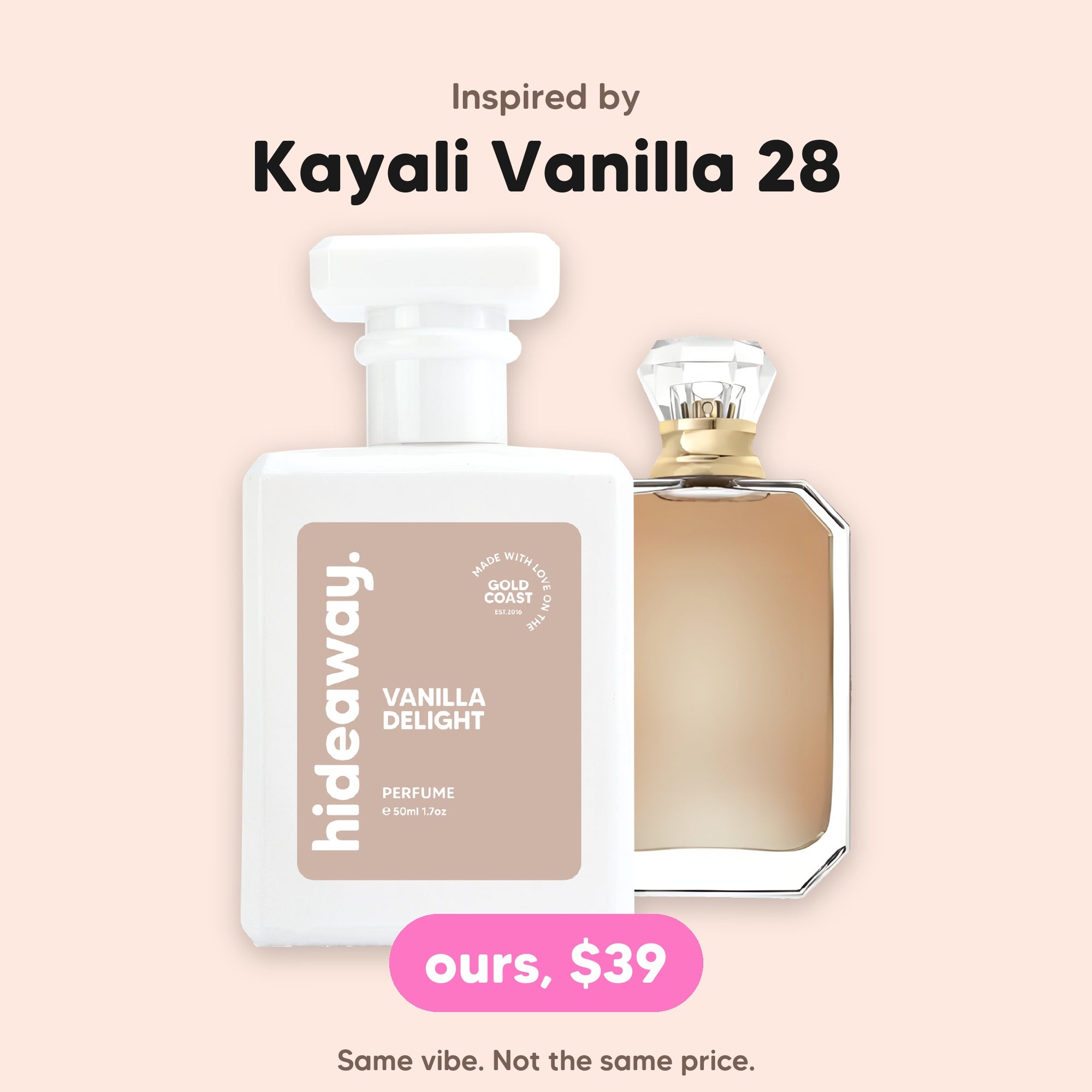 hideaway. Vanilla Delight perfume 50ml beside the Kayali Vanilla 28 bottle it is inspired by, $39, handmade on the Gold Coast