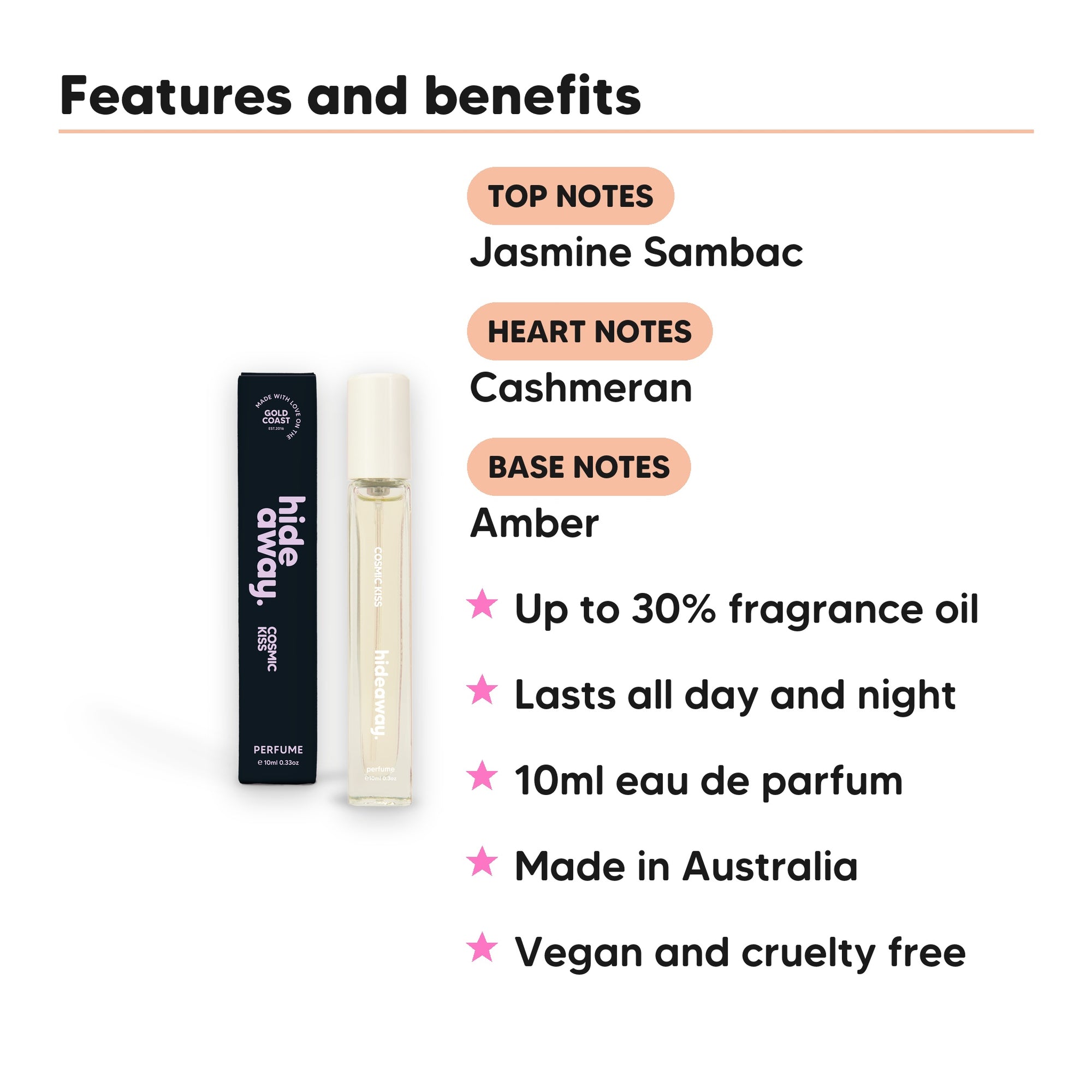 Cosmic Kiss Perfume 10ml features, top notes Jasmine Sambac, heart notes Cashmeran, base notes Amber, 10ml, vegan and cruelty free