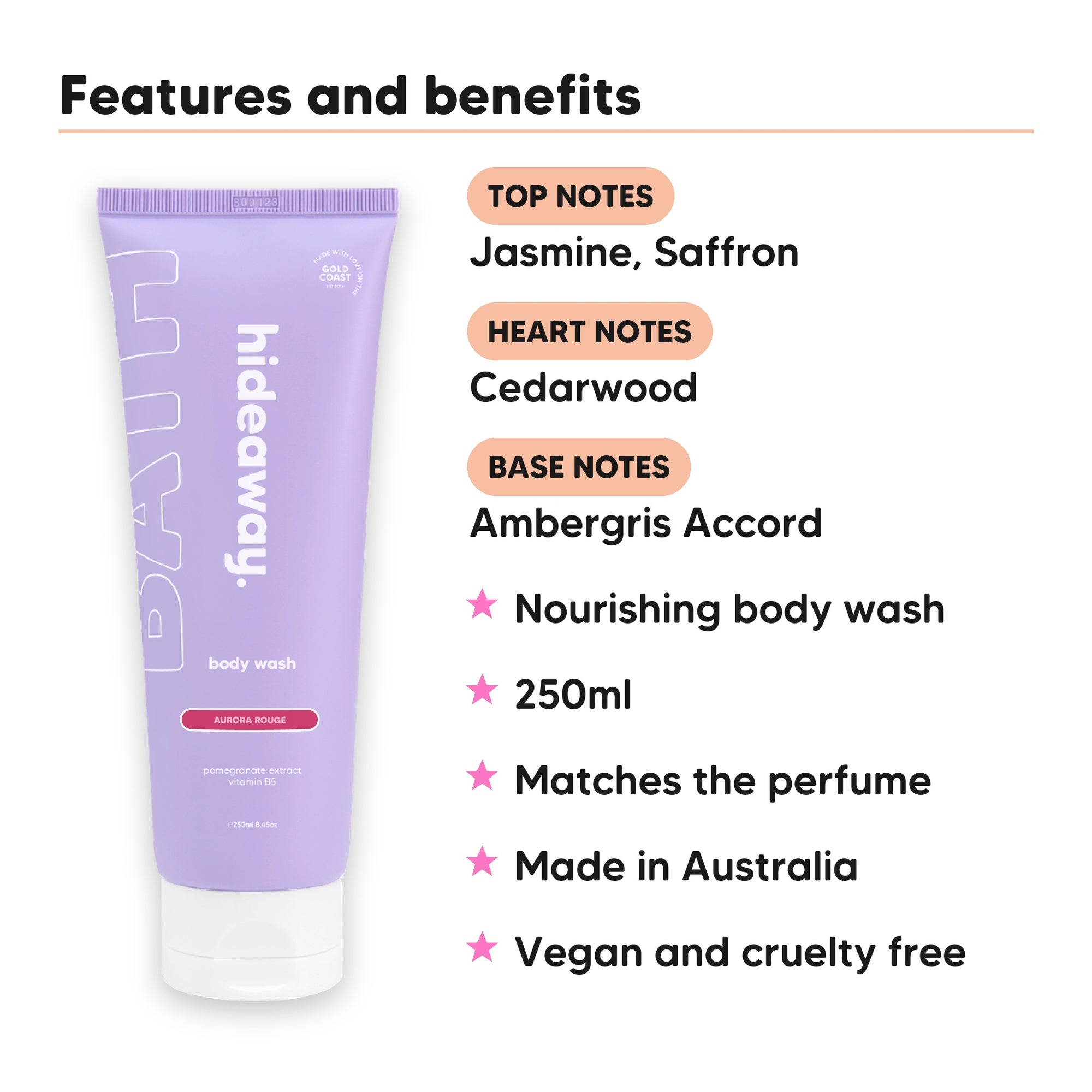 Aurora Rouge Body Wash features, top notes Jasmine, Saffron, heart notes Cedarwood, base notes Ambergris Accord, 250ml, vegan and cruelty free