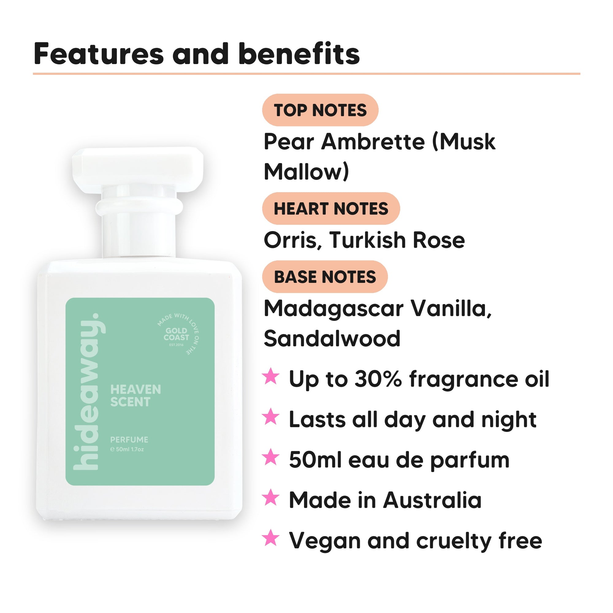 Heaven Scent perfume scent notes, top notes Pear Ambrette (Musk Mallow), heart notes Orris, Turkish Rose, base notes Madagascar Vanilla, Sandalwood