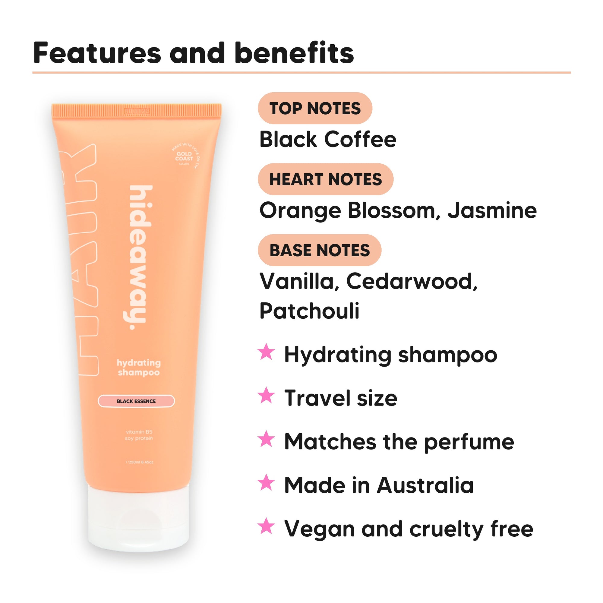 Mini Black Essence Shampoo features, top notes Black Coffee, heart notes Orange Blossom, Jasmine, base notes Vanilla, Cedarwood, Patchouli, travel size, vegan and cruelty free