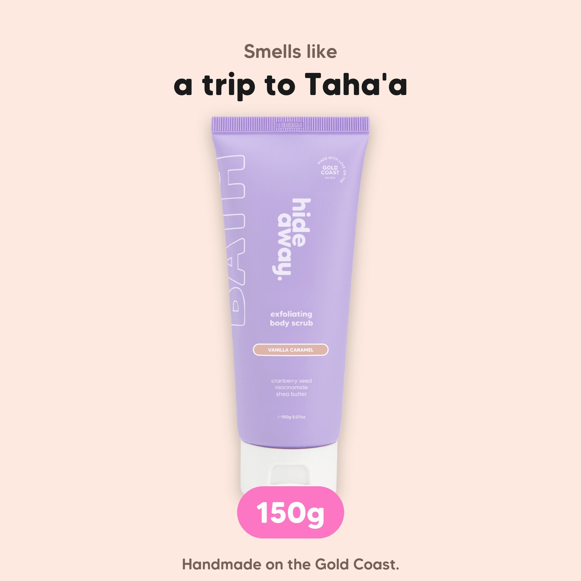 hideaway. Vanilla Caramel Body Scrub, 150g, vegan and made in Australia