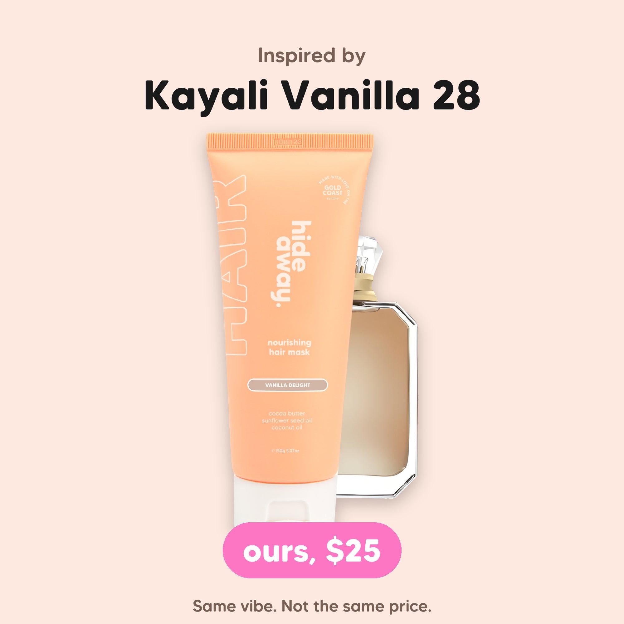 hideaway. Vanilla Delight Hair Mask, inspired by Kayali Vanilla 28, $25, made in Australia
