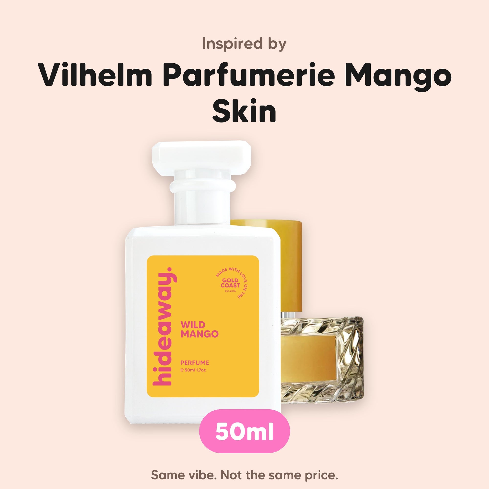 hideaway. Wild Mango perfume 50ml beside the Vilhelm Parfumerie Mango Skin bottle it is inspired by, handmade on the Gold Coast
