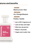Oh So Beautiful perfume scent notes, top notes Blackcurrant and Pear, heart notes Iris and Orange Blossom, base notes Praline and Vanilla