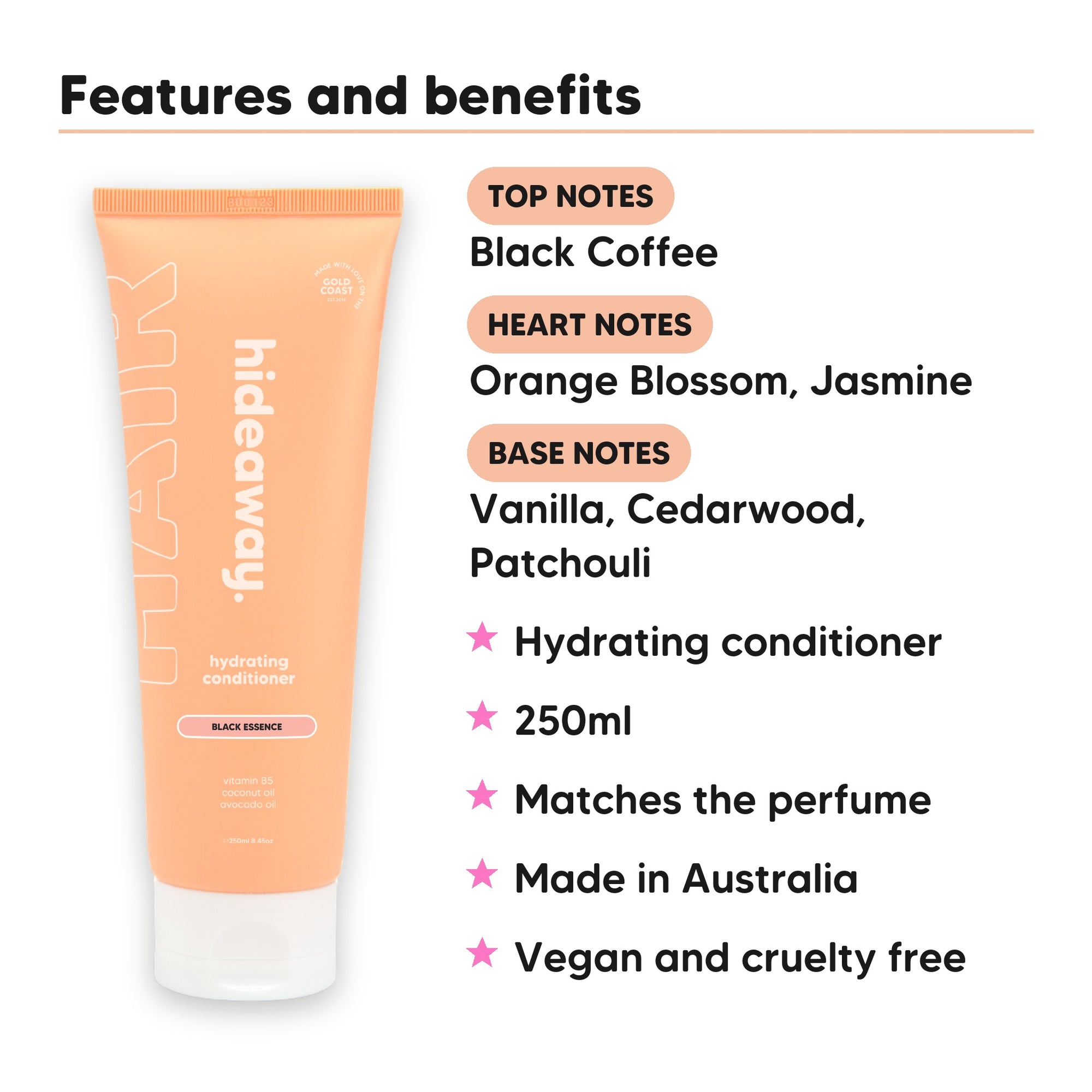 Black Essence Conditioner features, top notes Black Coffee, heart notes Orange Blossom, Jasmine, base notes Vanilla, Cedarwood, Patchouli, 250ml, vegan and cruelty free