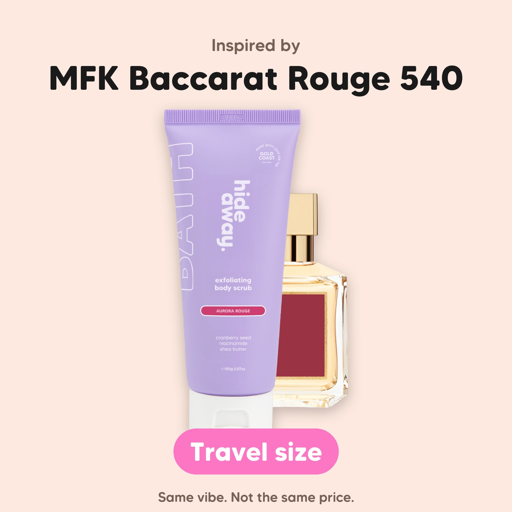 hideaway. Mini Aurora Rouge Body Scrub, inspired by MFK Baccarat Rouge 540, travel size, made in Australia
