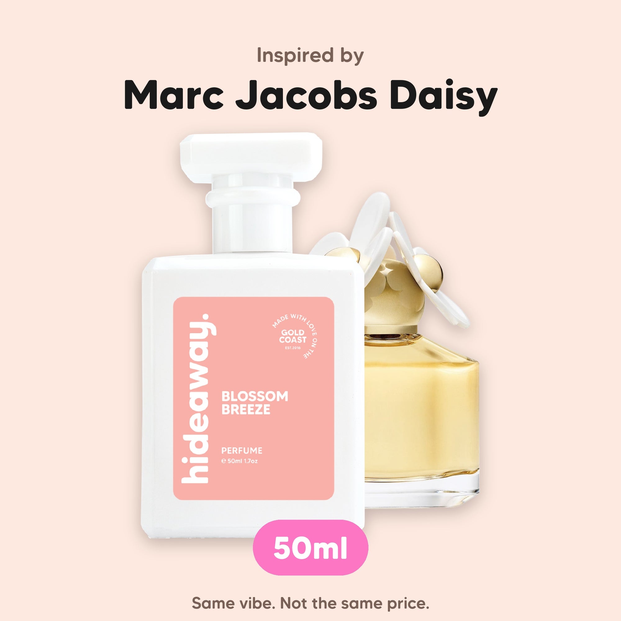 hideaway. Blossom Breeze perfume 50ml beside the Marc Jacobs Daisy bottle it is inspired by, handmade on the Gold Coast