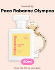 hideaway. Golden Run perfume 50ml beside the Paco Rabanne Olympea bottle it is inspired by, handmade on the Gold Coast