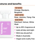 Elegant Charm perfume scent notes, top notes Orange, Mandarin, Bergamot, heart notes Rose, Jasmine, Ylang-Ylang, base notes Patchouli, Vetiver, White Musk