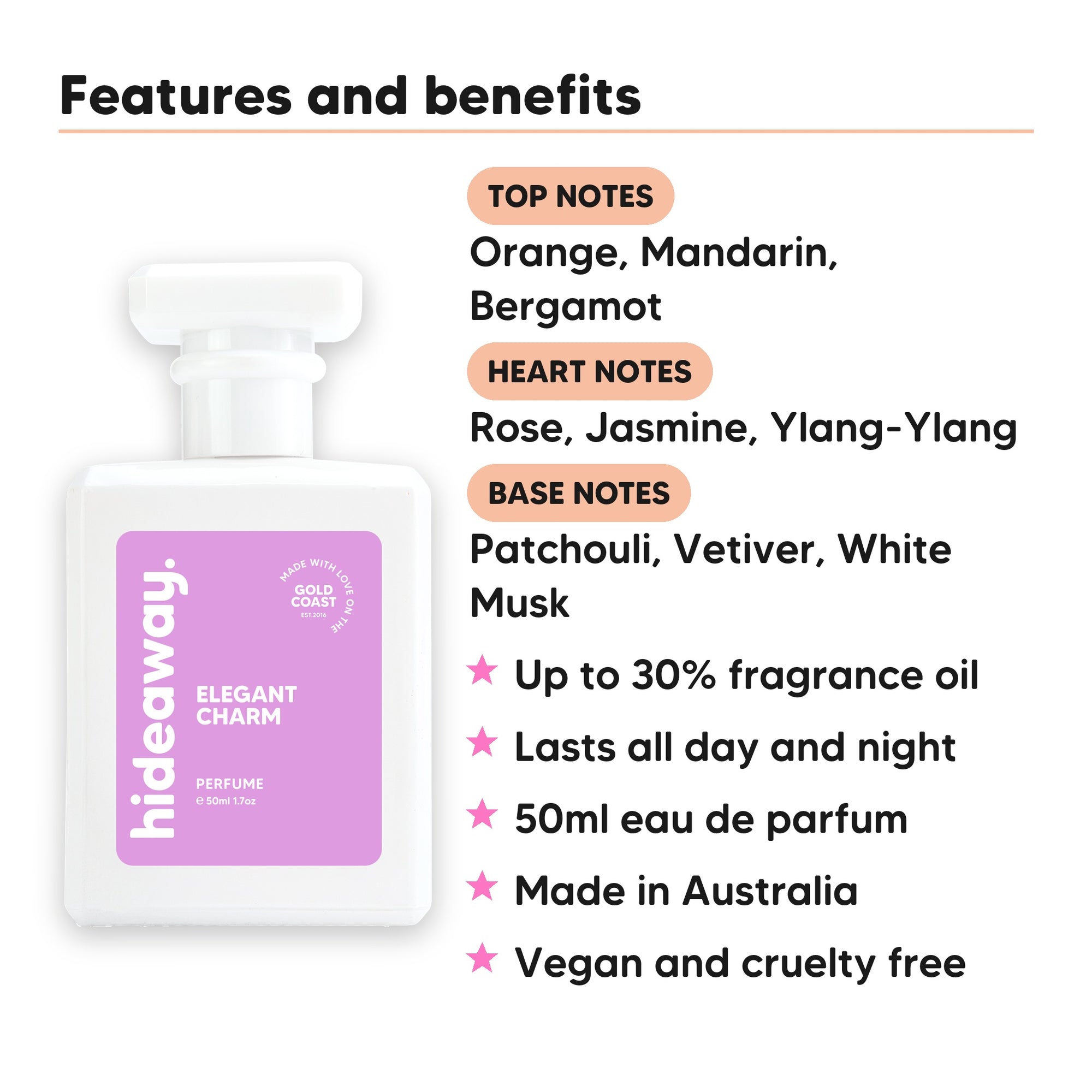 Elegant Charm perfume scent notes, top notes Orange, Mandarin, Bergamot, heart notes Rose, Jasmine, Ylang-Ylang, base notes Patchouli, Vetiver, White Musk