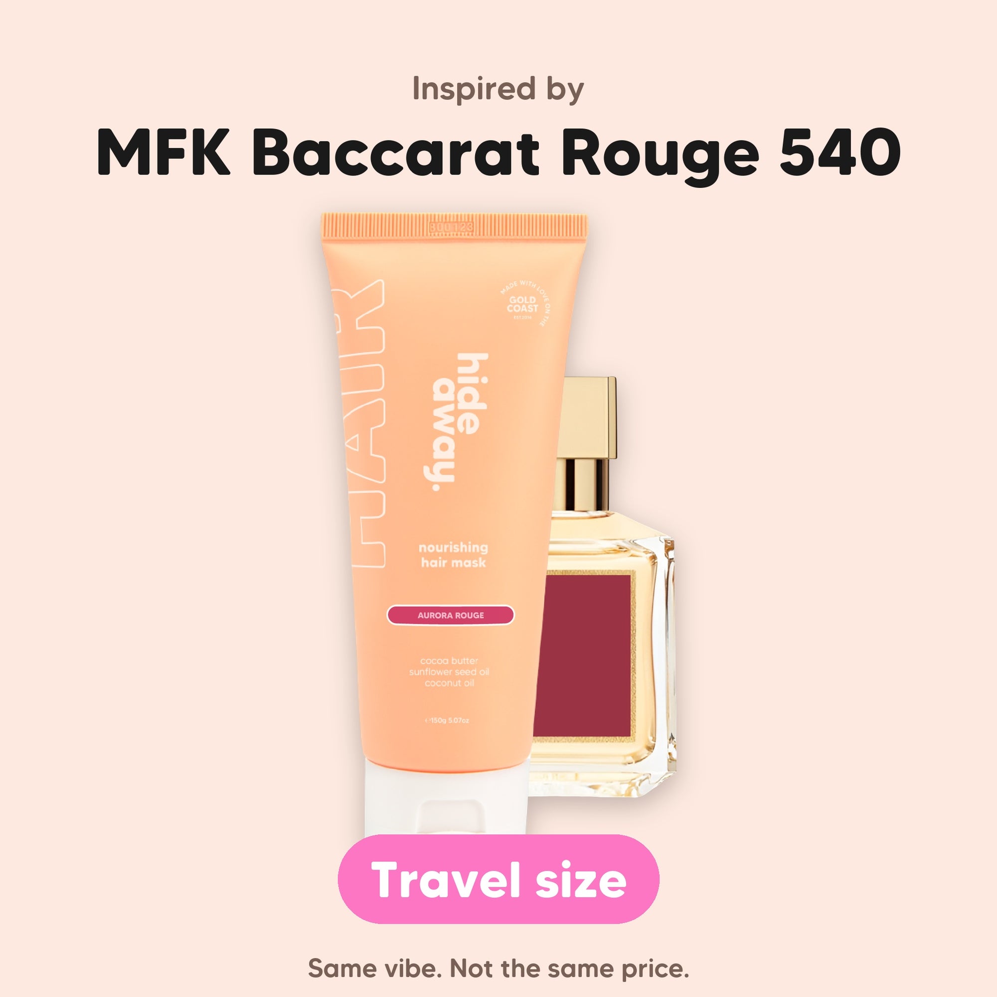 hideaway. Mini Aurora Rouge Hair Mask, inspired by MFK Baccarat Rouge 540, travel size, made in Australia