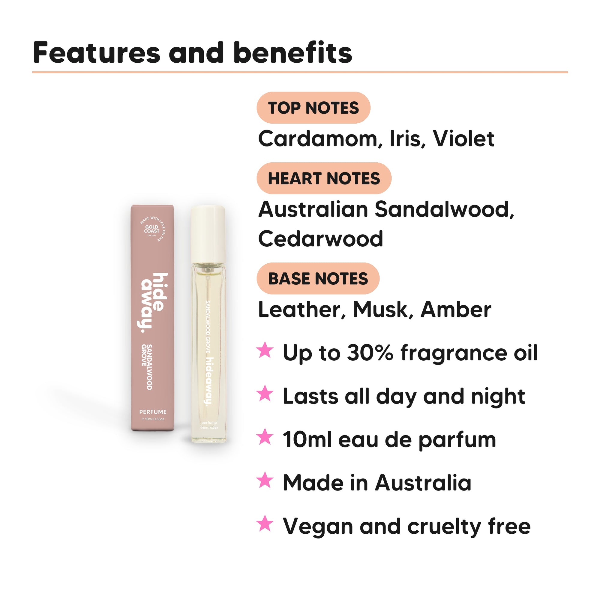 Sandalwood Grove Perfume 10ml features, top notes Cardamom, Iris, Violet, heart notes Australian Sandalwood, Cedarwood, base notes Leather, Musk, Amber, 10ml, vegan and cruelty free
