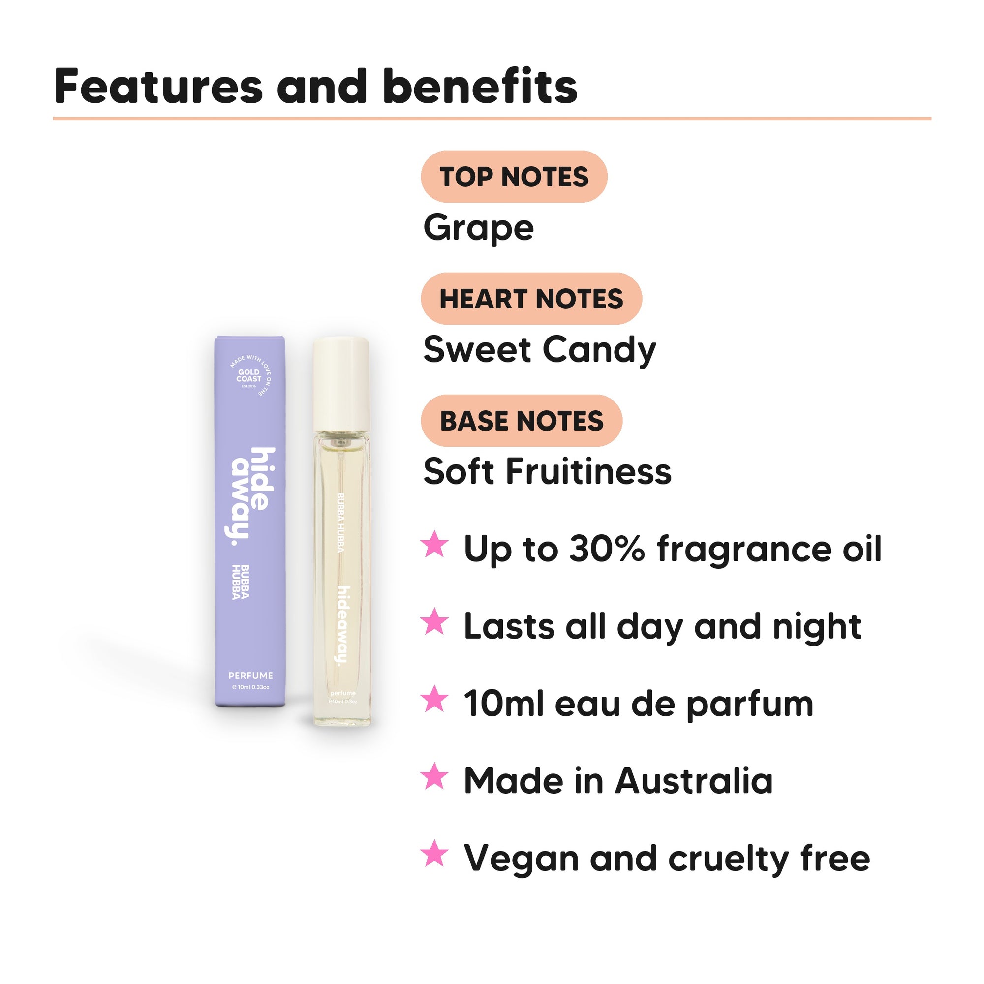 Bubba Hubba Perfume 10ml features, top notes Grape, heart notes Sweet Candy, base notes Soft Fruitiness, 10ml, vegan and cruelty free
