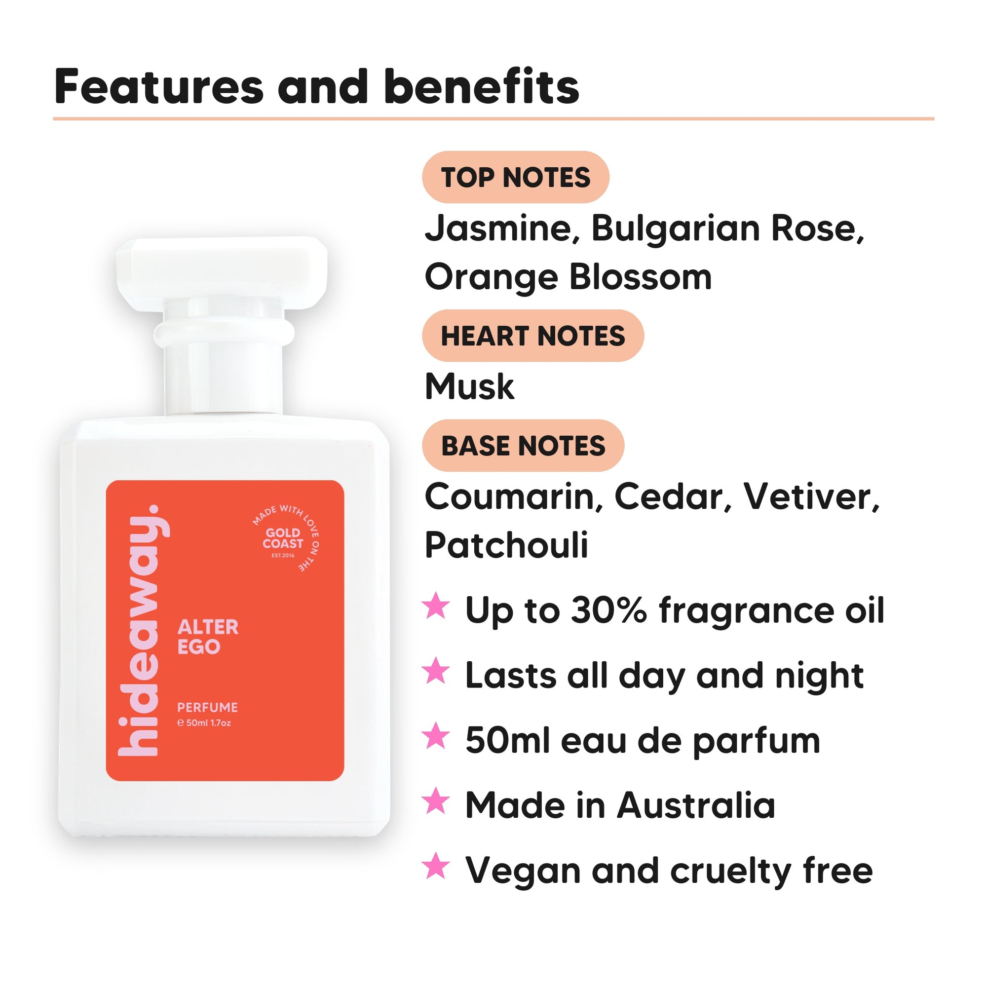 Alter Ego perfume scent notes, top notes Jasmine, Bulgarian Rose, Orange Blossom, heart notes Musk, base notes Coumarin, Cedar, Vetiver, Patchouli