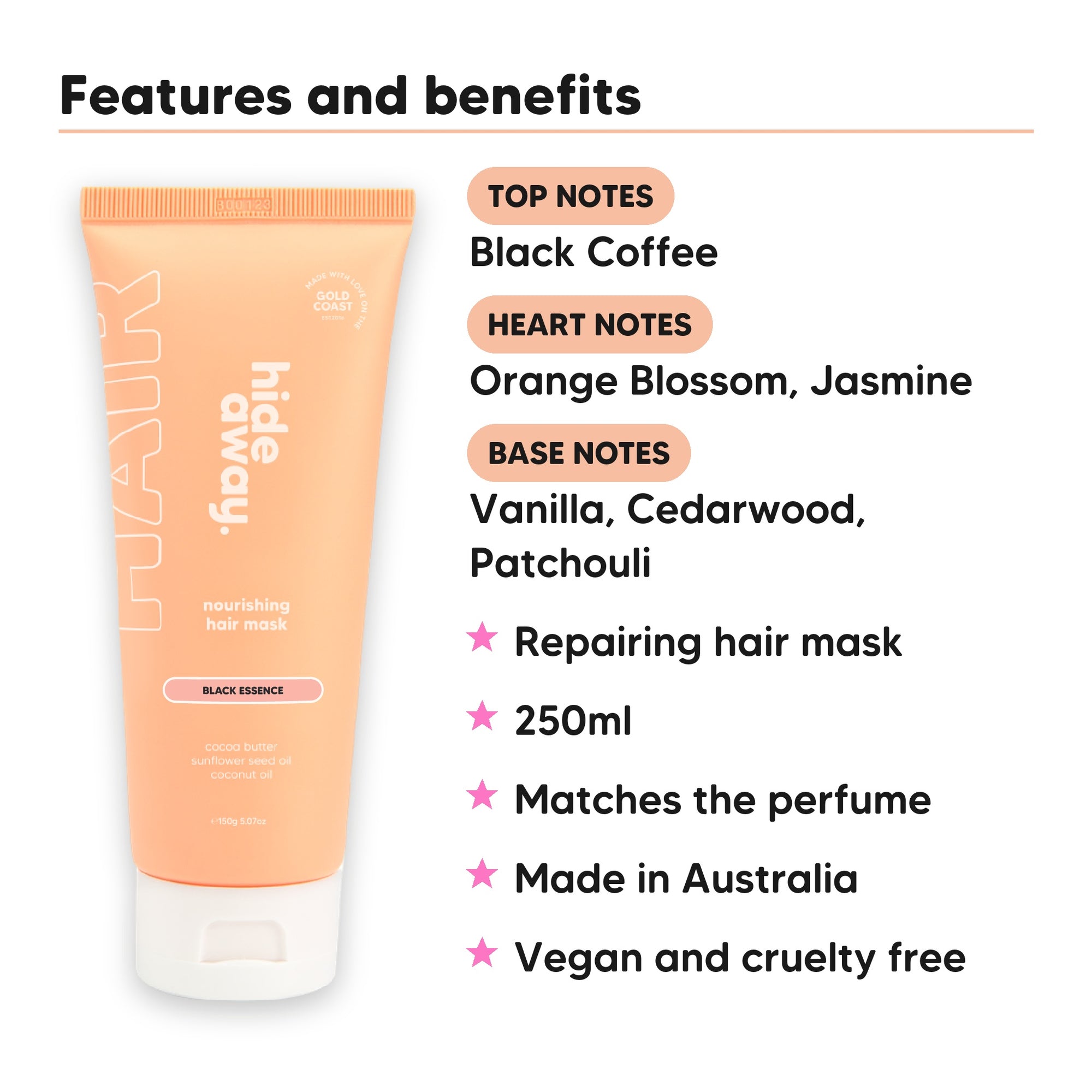 Black Essence Hair Mask features, top notes Black Coffee, heart notes Orange Blossom, Jasmine, base notes Vanilla, Cedarwood, Patchouli, 250ml, vegan and cruelty free