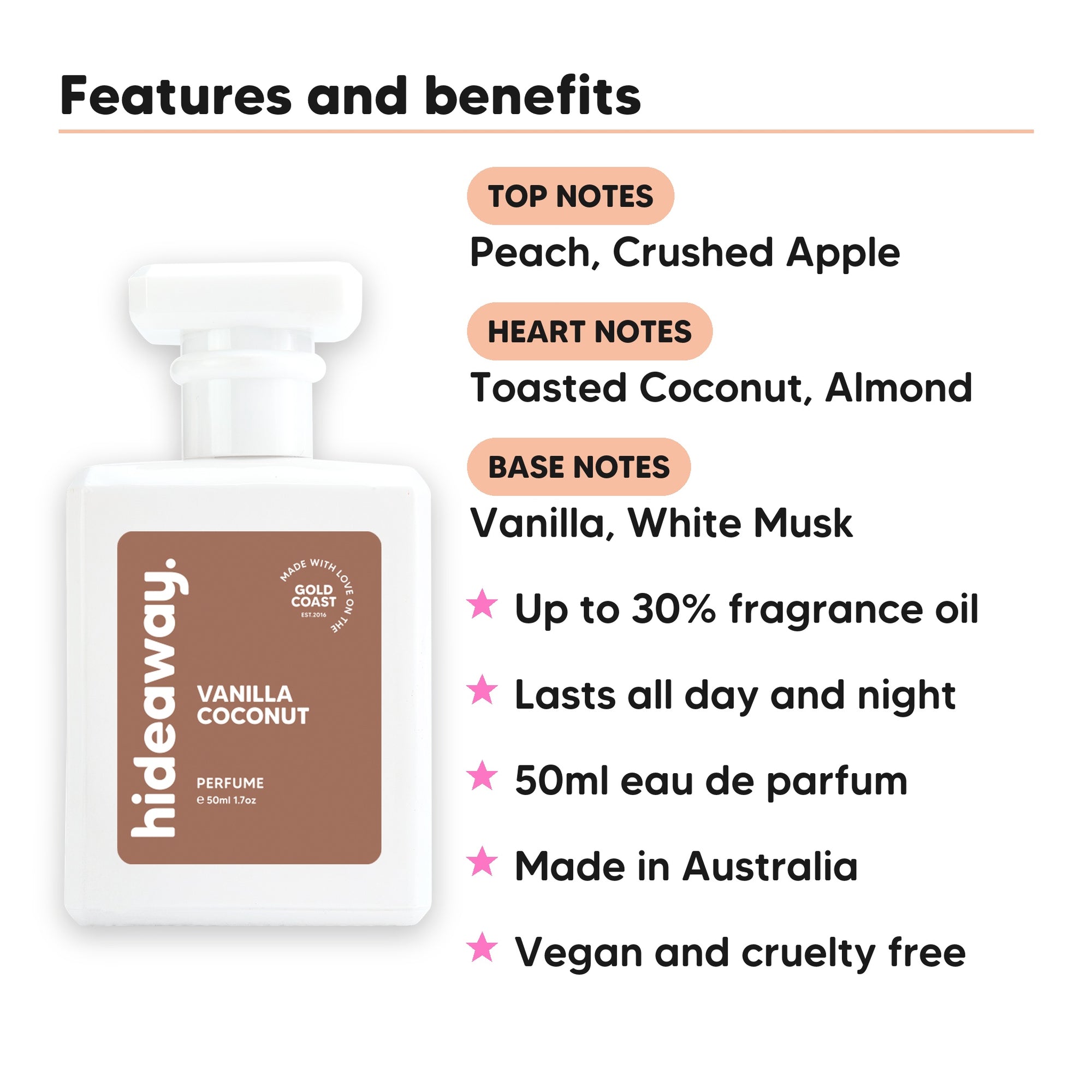 Vanilla Coconut perfume scent notes, top notes Peach, Crushed Apple, heart notes Toasted Coconut, Almond, base notes Vanilla, White Musk