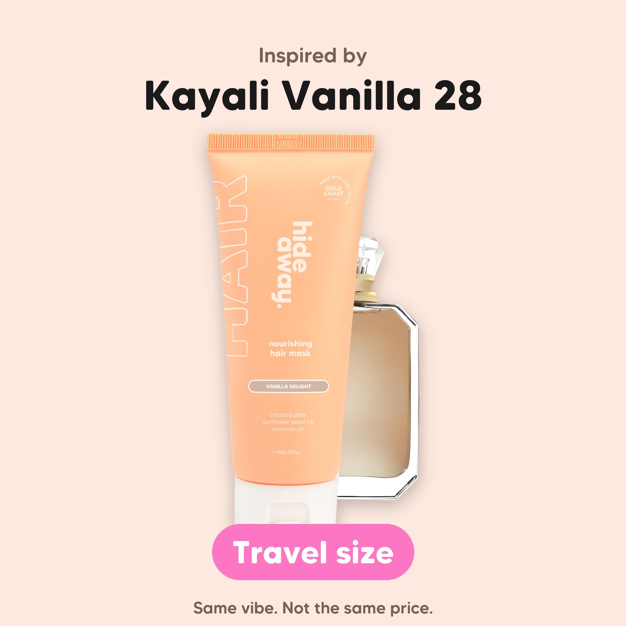 hideaway. Mini Vanilla Delight Hair Mask, inspired by Kayali Vanilla 28, travel size, made in Australia
