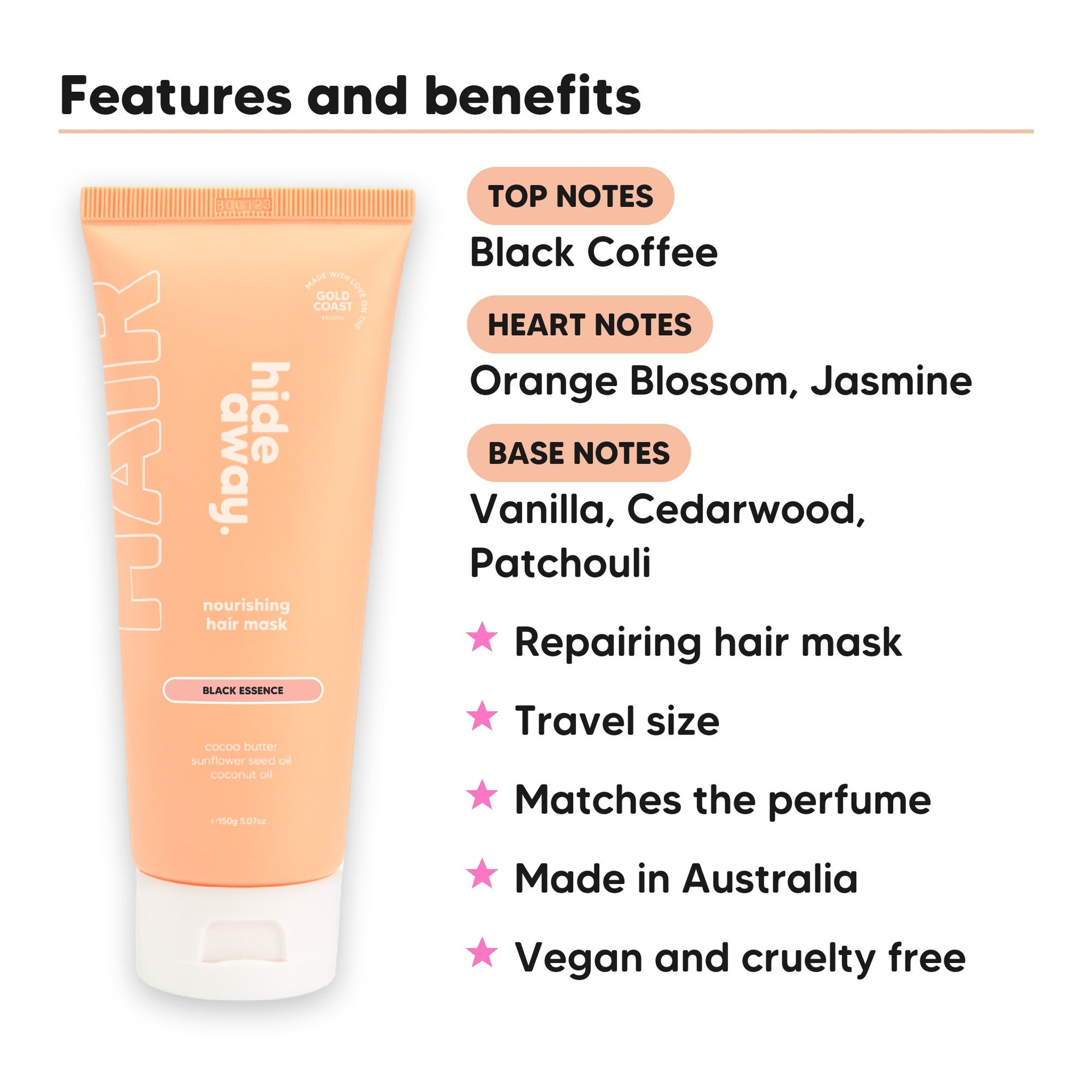 Mini Black Essence Hair Mask features, top notes Black Coffee, heart notes Orange Blossom, Jasmine, base notes Vanilla, Cedarwood, Patchouli, travel size, vegan and cruelty free