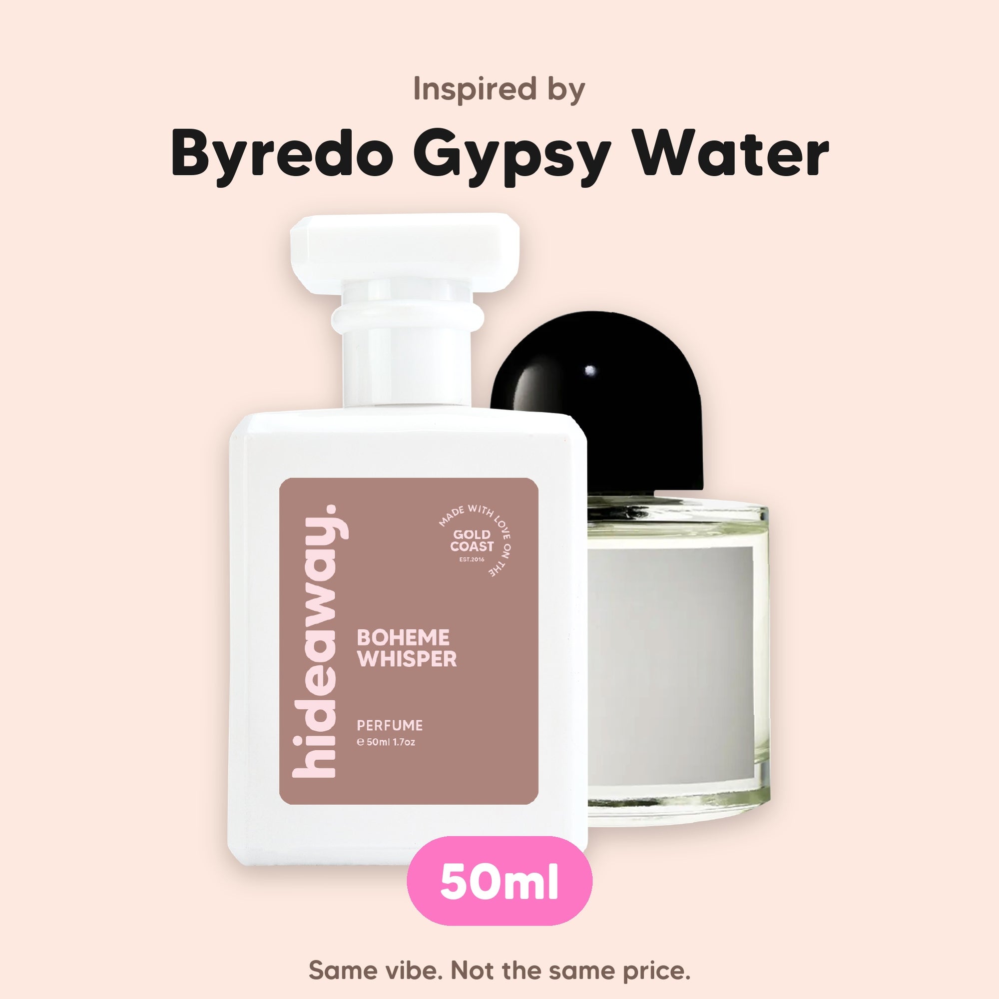 hideaway. Boheme Whisper perfume 50ml beside the Byredo Gypsy Water bottle it is inspired by, handmade on the Gold Coast
