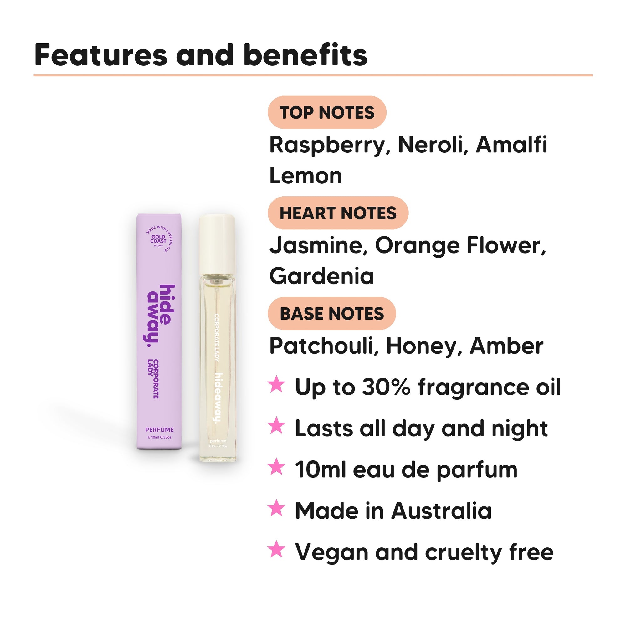 Corporate Lady Perfume 10ml features, top notes Raspberry, Neroli, Amalfi Lemon, heart notes Jasmine, Orange Flower, Gardenia, base notes Patchouli, Honey, Amber, 10ml, vegan and cruelty free