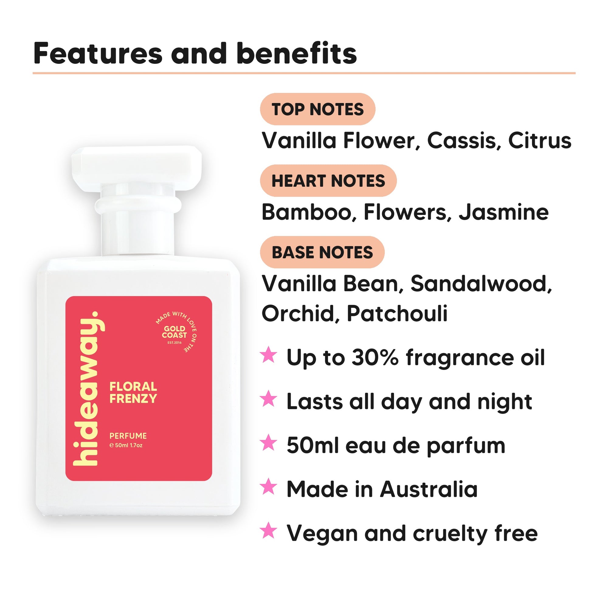 Floral Frenzy perfume scent notes, top notes Vanilla Flower, Cassis, Citrus, heart notes Bamboo, Flowers, Jasmine, base notes Vanilla Bean, Sandalwood, Orchid, Patchouli