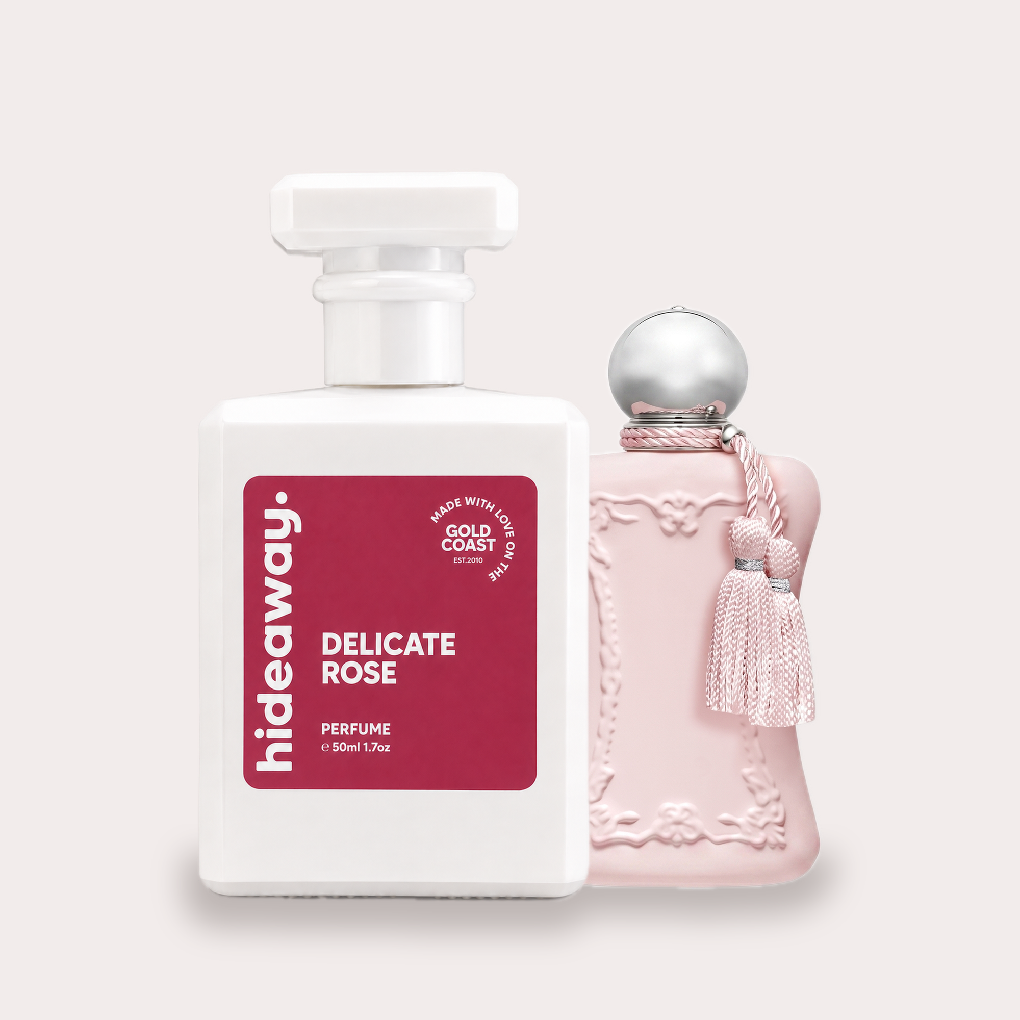 hideaway. Delicate Rose perfume 50ml beside the Parfums de Marly Delina bottle it is inspired by