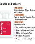 Midnight Muse perfume scent notes, top notes Black Amber, Plum, Crème de Cassis, heart notes Warm Vanilla Woods, Fresh Jasmine Blooms, base notes Sensual Musk