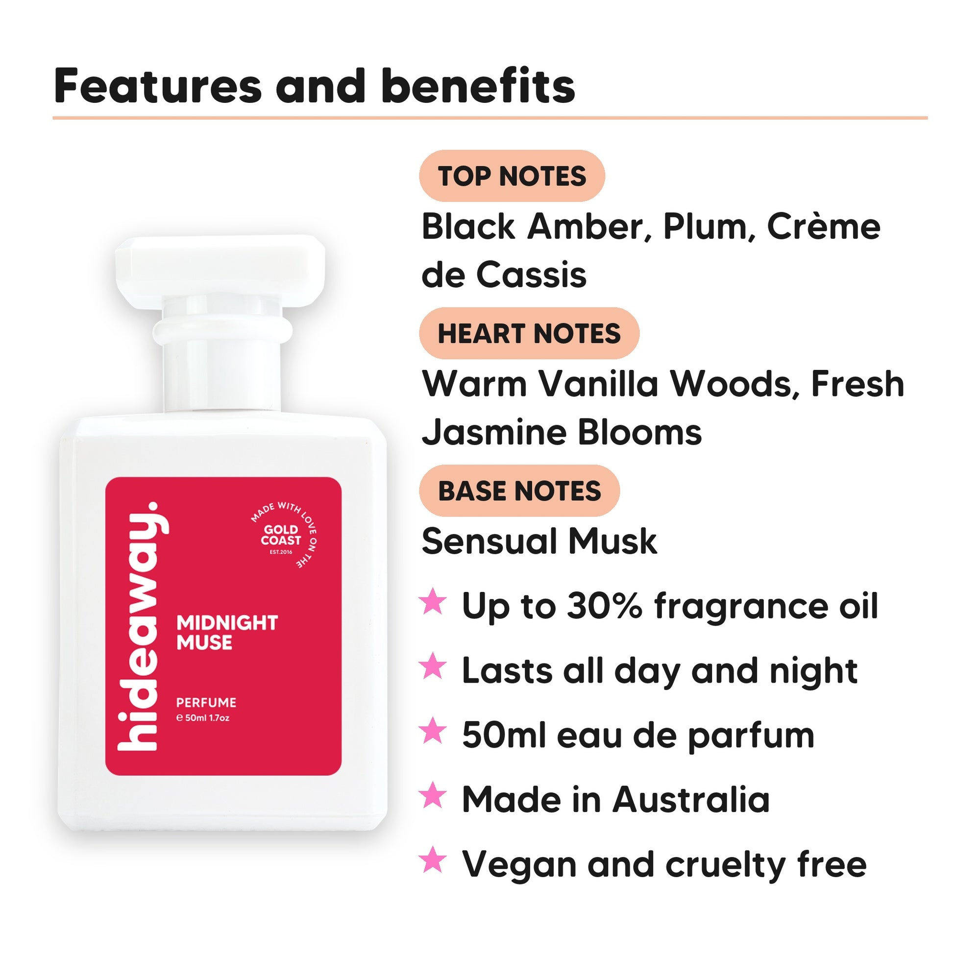 Midnight Muse perfume scent notes, top notes Black Amber, Plum, Crème de Cassis, heart notes Warm Vanilla Woods, Fresh Jasmine Blooms, base notes Sensual Musk