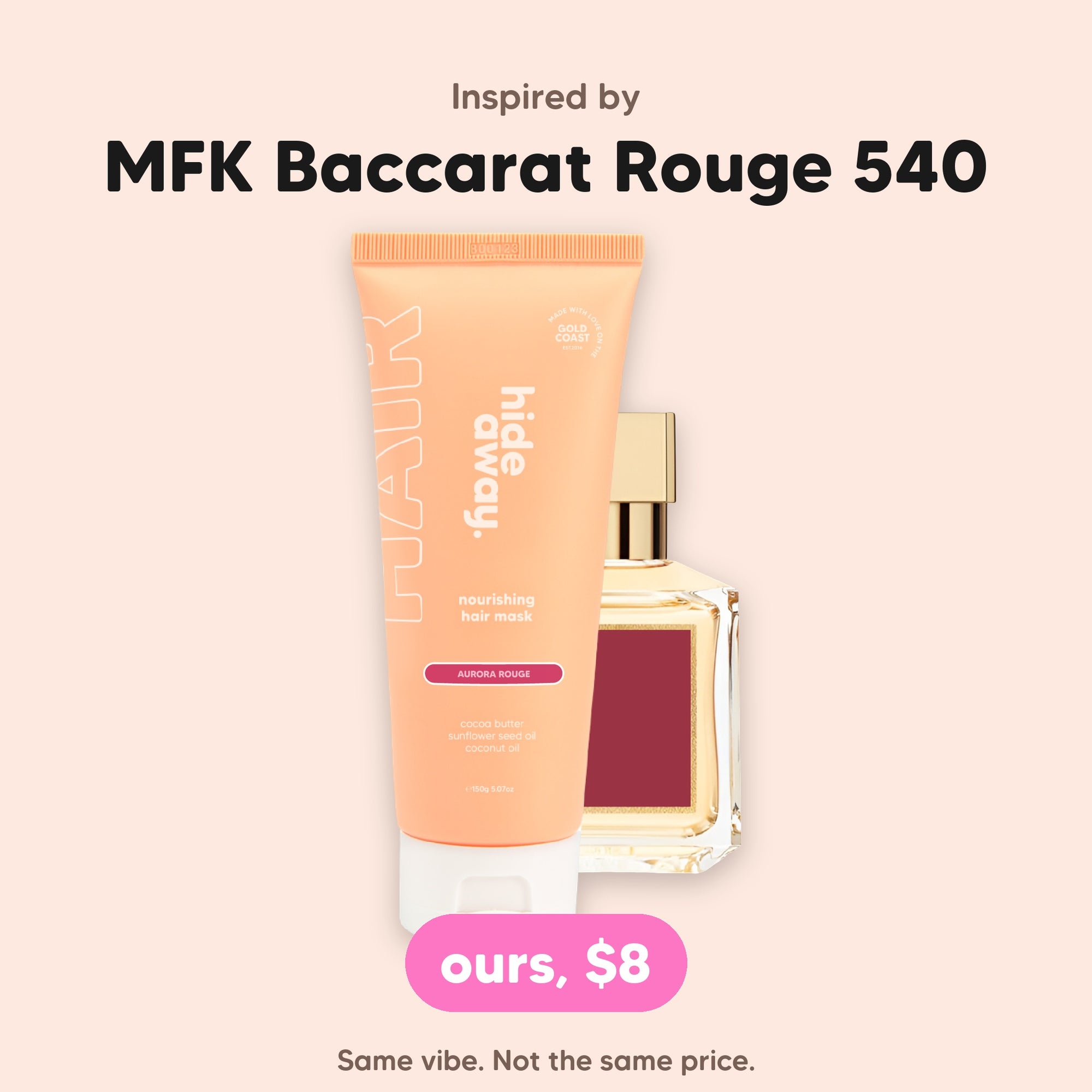 hideaway. Mini Aurora Rouge Hair Mask, inspired by MFK Baccarat Rouge 540, $8, made in Australia