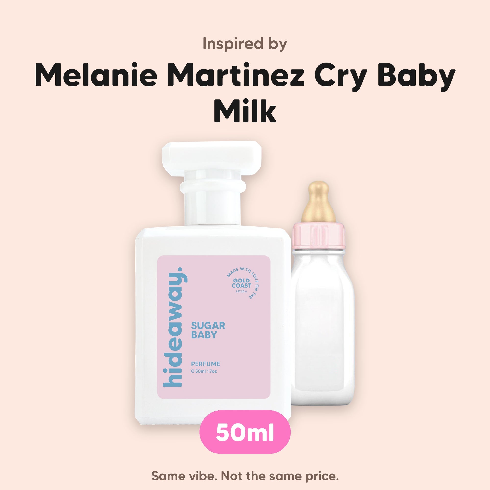 hideaway. Sugar Baby perfume 50ml beside the Melanie Martinez Cry Baby Milk bottle it is inspired by, handmade on the Gold Coast