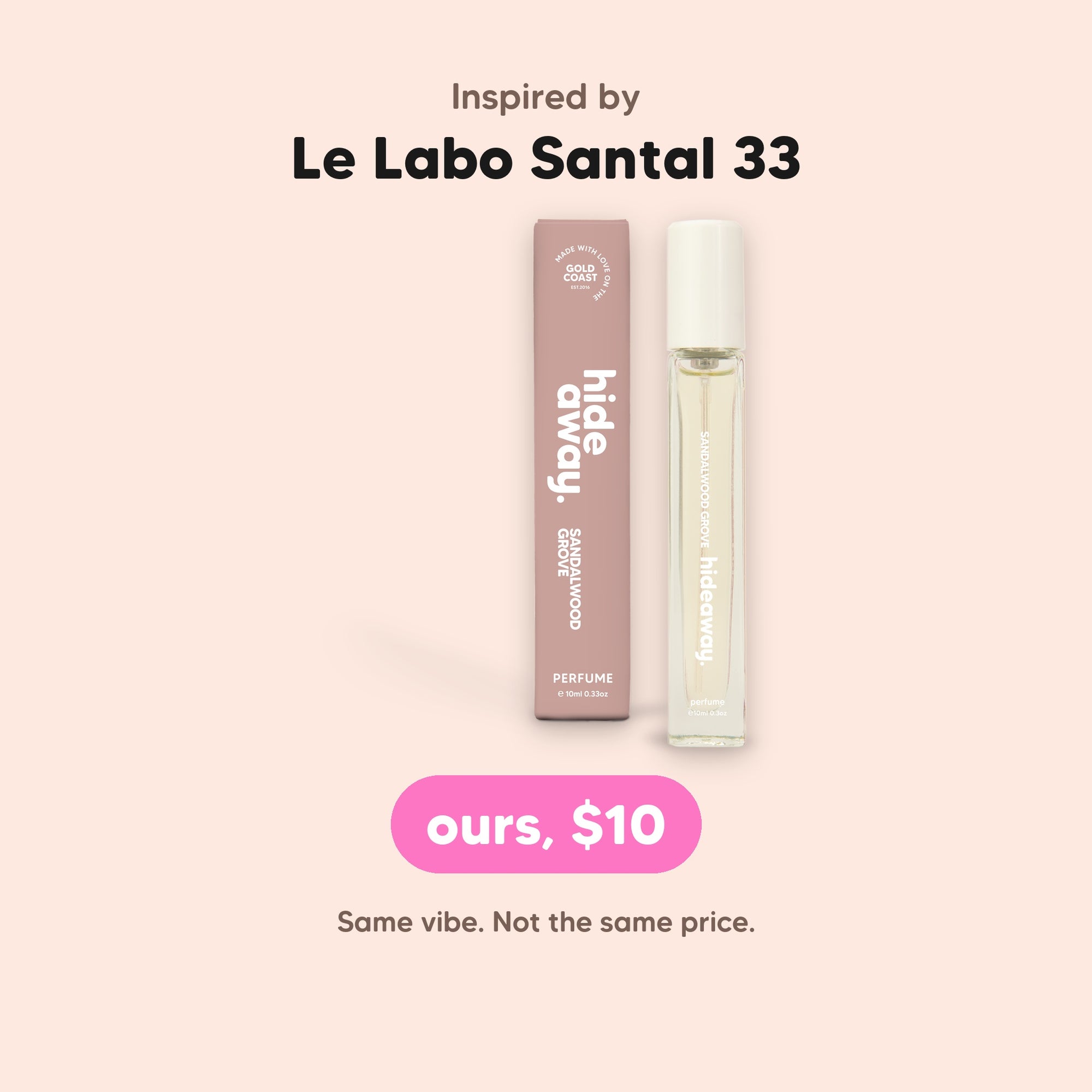 hideaway. Sandalwood Grove Perfume 10ml, inspired by Le Labo Santal 33, $10, made in Australia