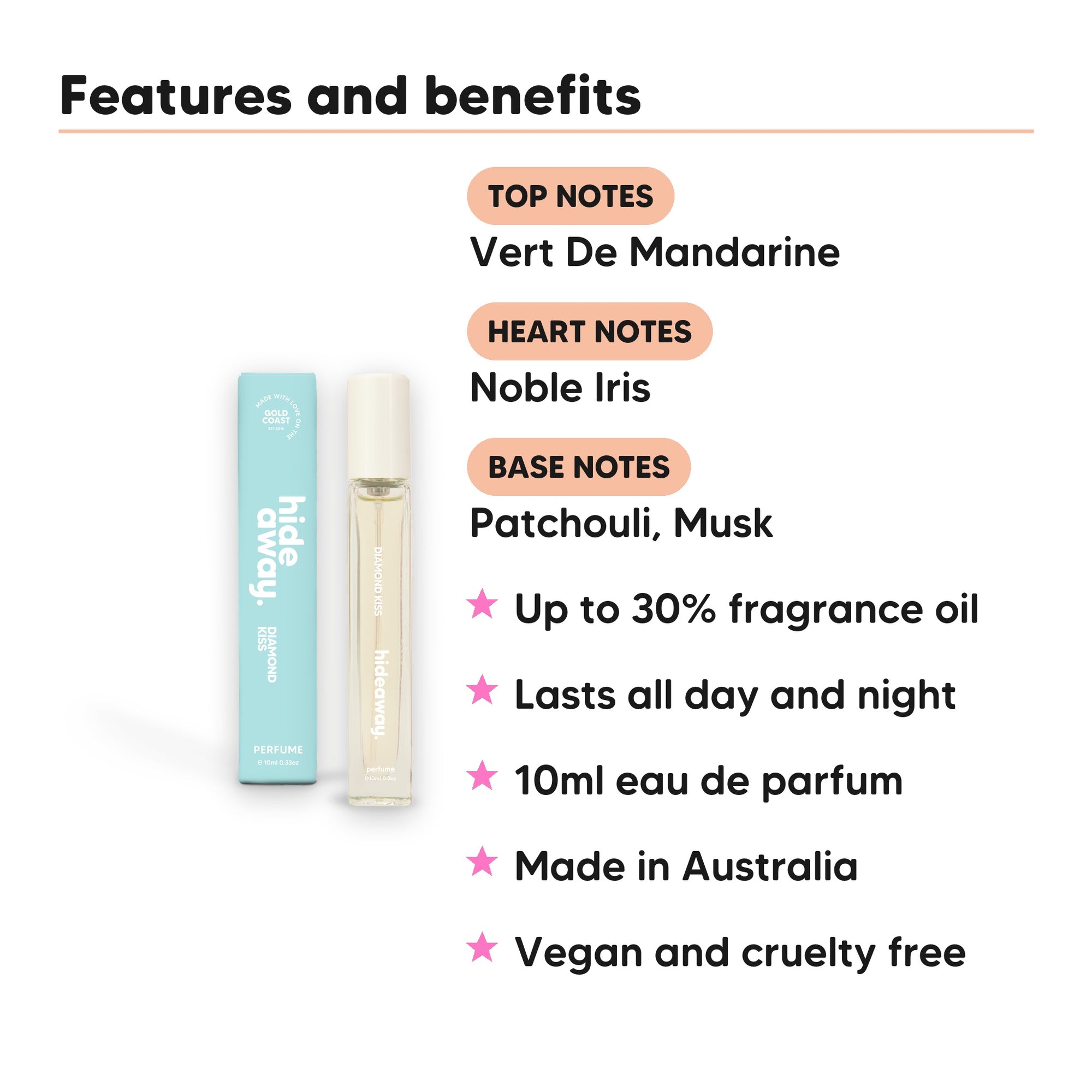 Diamond Kiss Perfume 10ml features, top notes Vert De Mandarine, heart notes Noble Iris, base notes Patchouli, Musk, 10ml, vegan and cruelty free