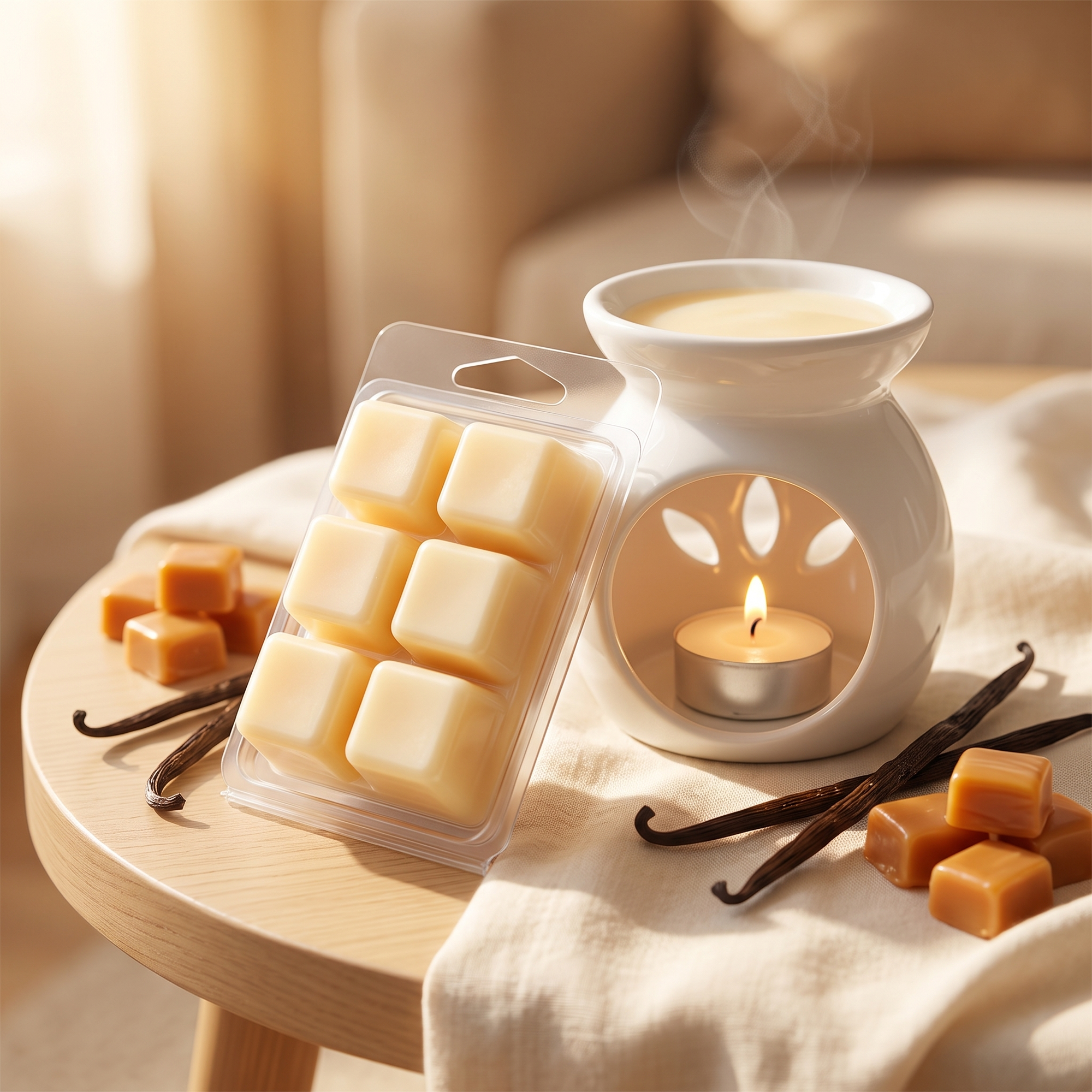 Vanilla Caramel wax melts and a lit burner styled on a side table with vanilla pods and caramel