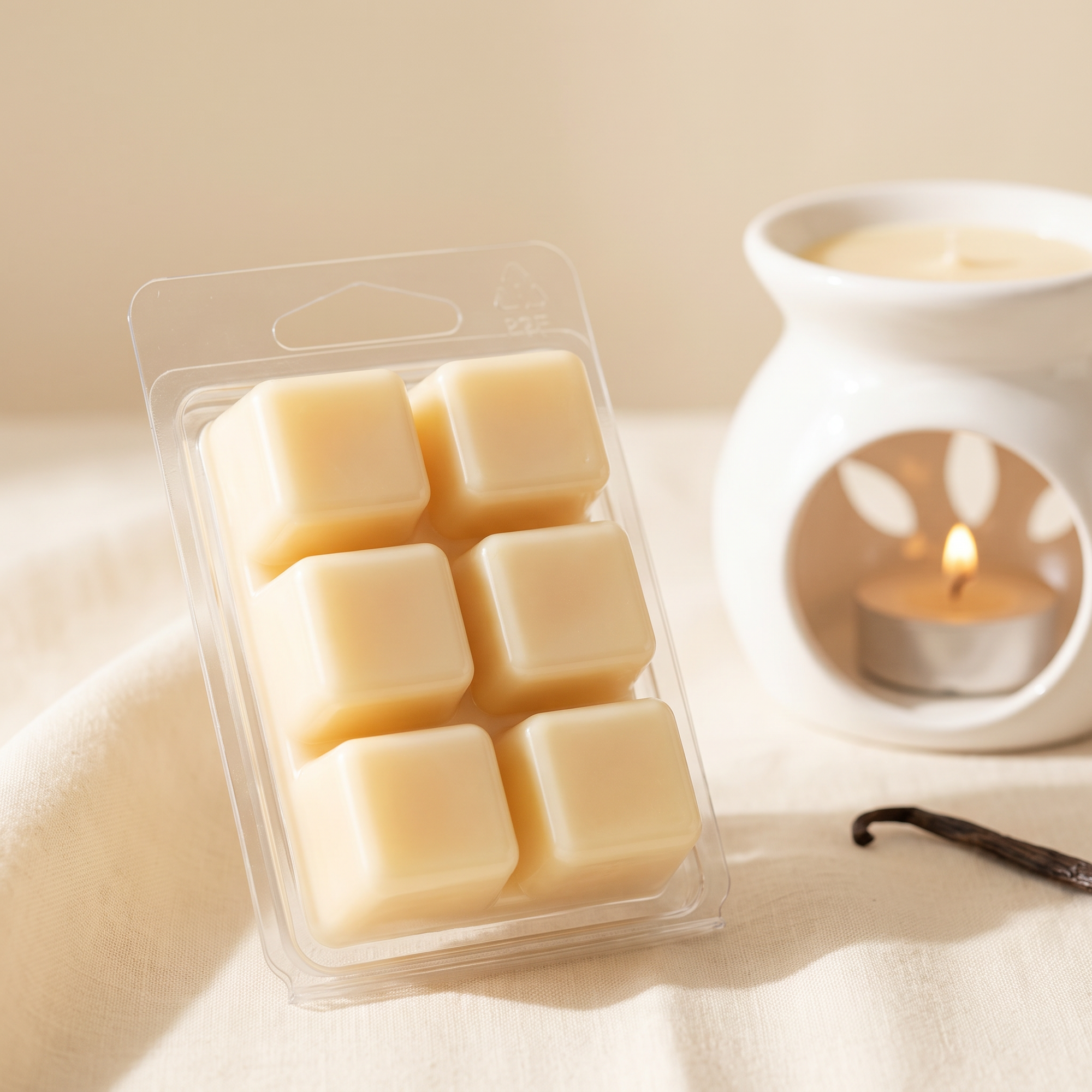 hideaway. Vanilla Caramel wax melts pack of six creamy wax cubes beside a lit white ceramic wax melt burner
