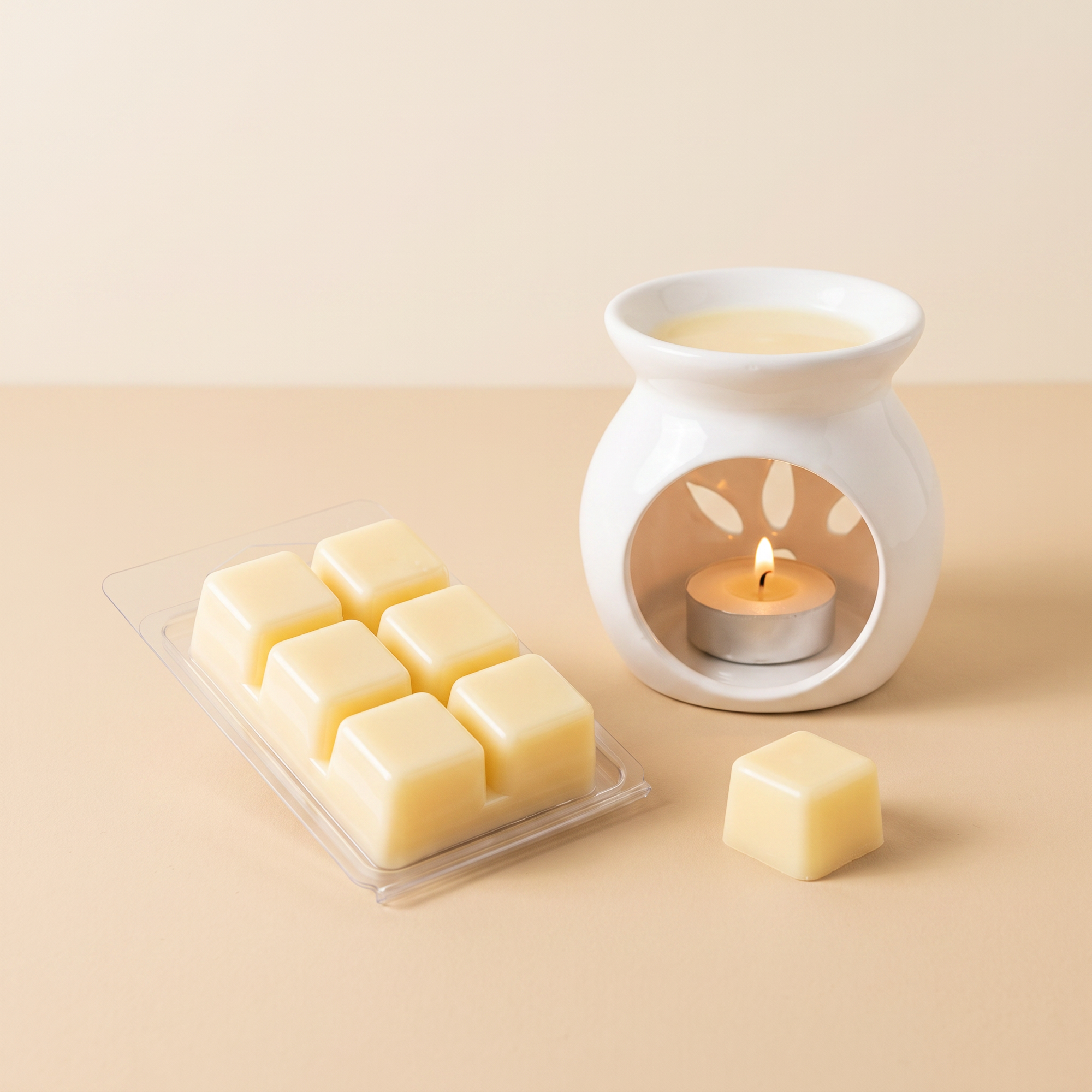 Vanilla Caramel wax melt pack with a single cube and a lit ceramic burner showing how wax melts are used