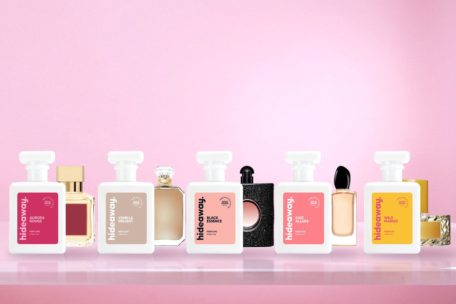 Five hideaway. 50ml perfumes beside the designer scents that inspired them