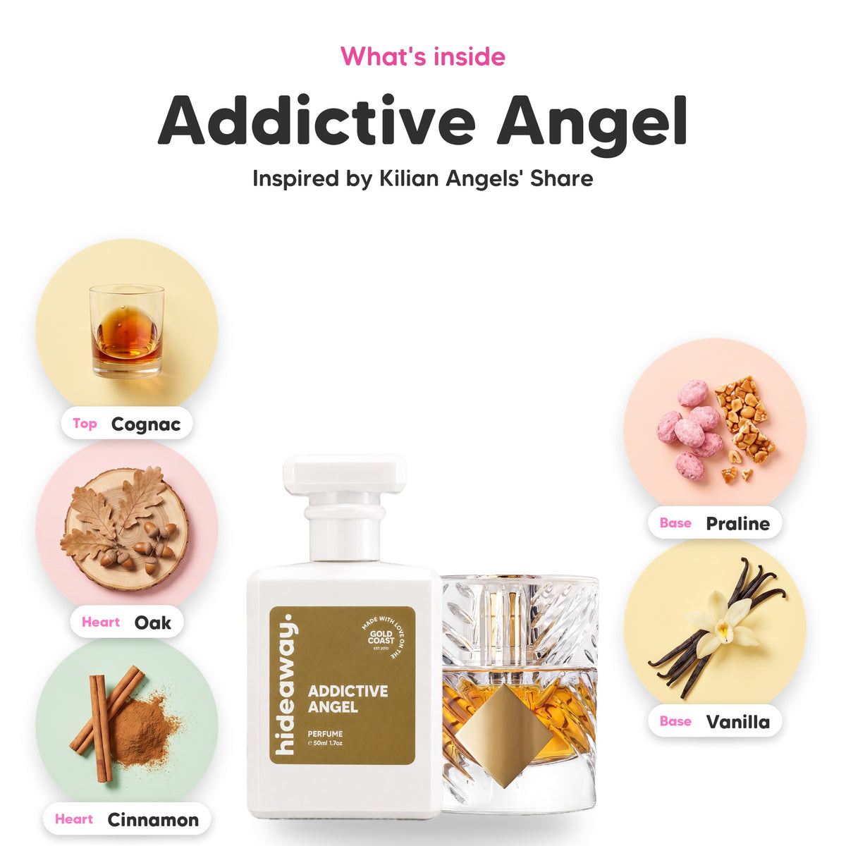 Notes inside Addictive Angel: Cognac, oak, cinnamon, praline, vanilla