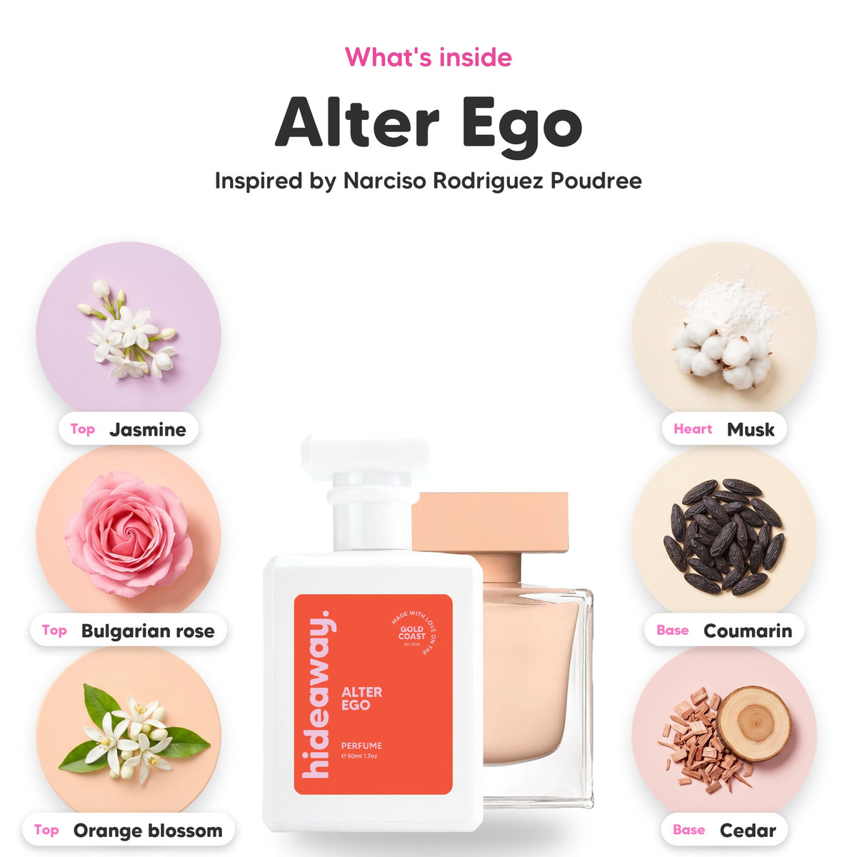 Notes inside Alter Ego: Jasmine, bulgarian rose, orange blossom, musk, coumarin, cedar