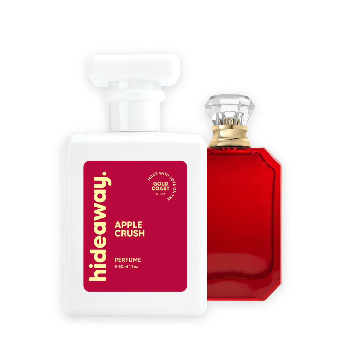 Hideaway. Apple Crush perfume 50ml beside the Kayali Eden Juicy Apple bottle it is inspired by