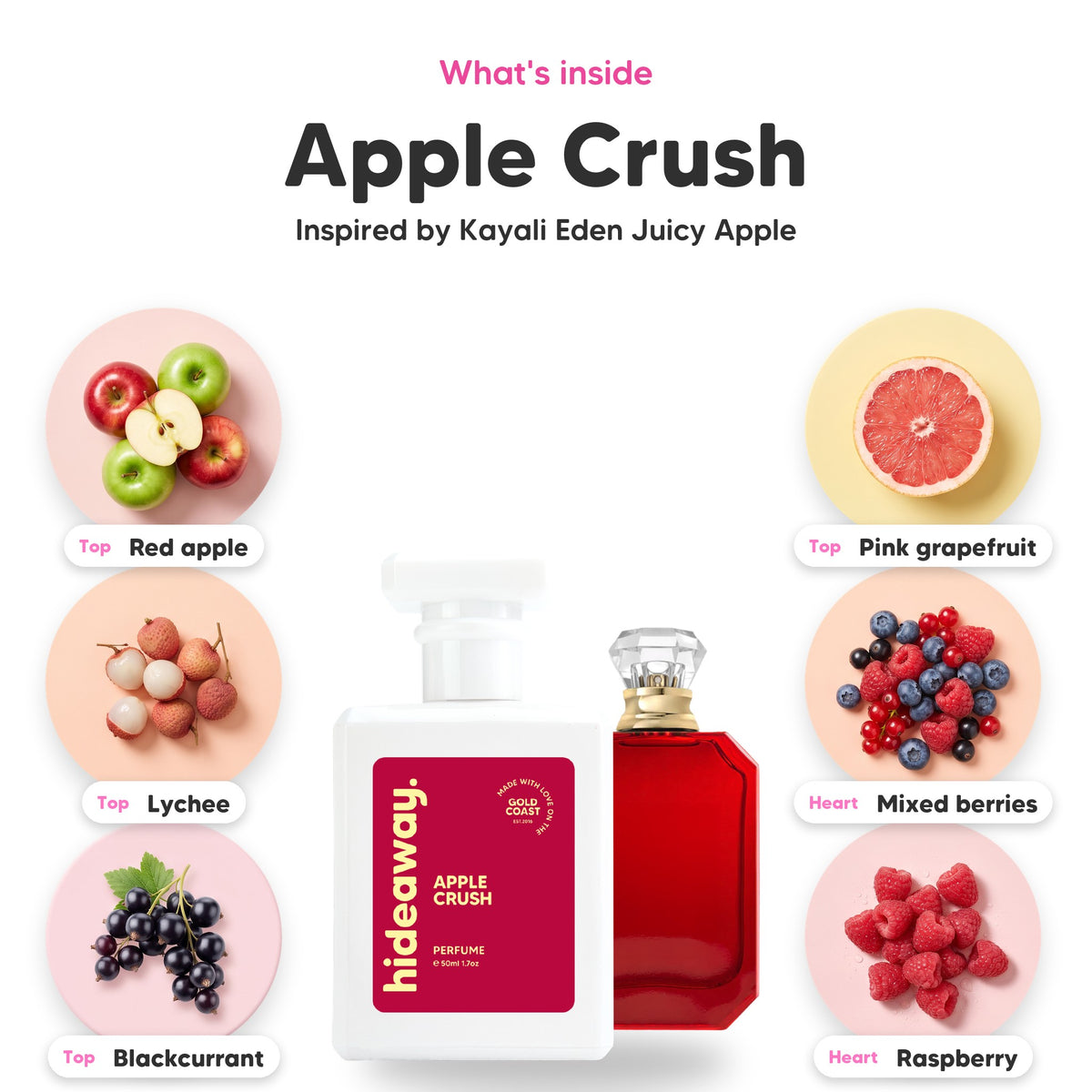 Notes inside Apple Crush: Red apple, lychee, blackcurrant, pink grapefruit, mixed berries, raspberry