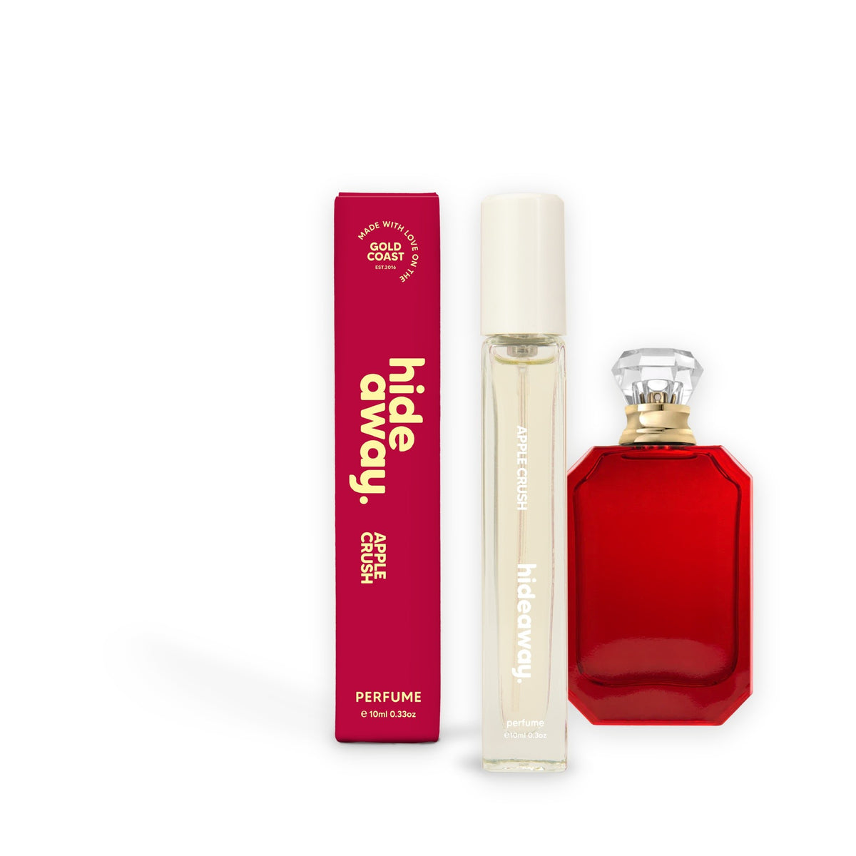 Hideaway. Apple Crush perfume 10ml beside the Kayali Eden Juicy Apple bottle it is inspired by