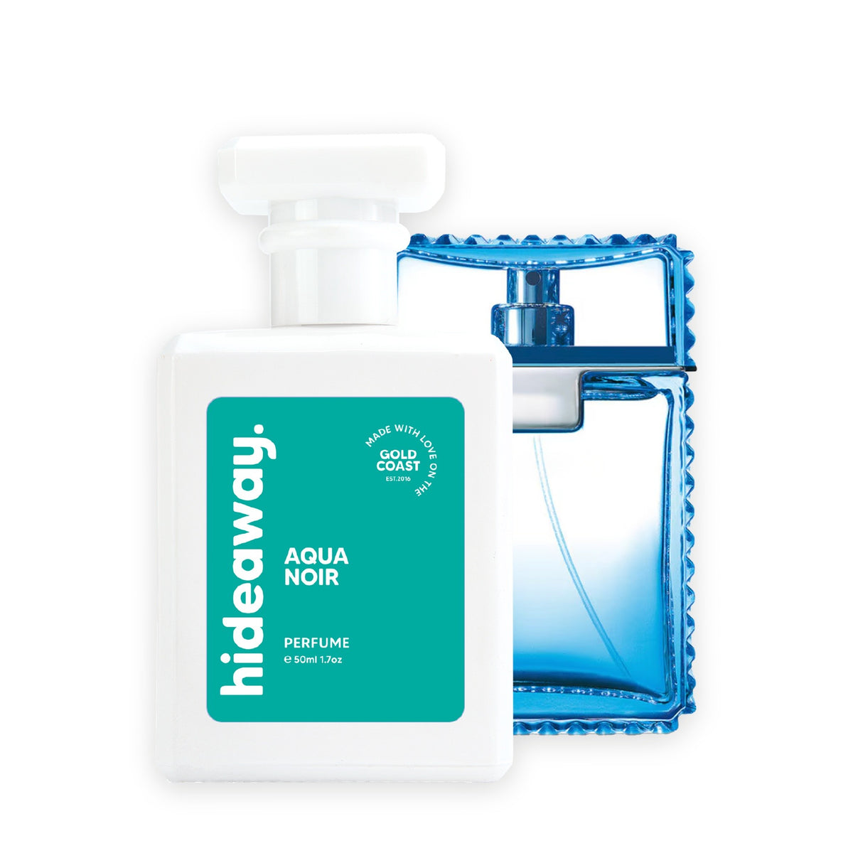 Hideaway. Aqua Noir perfume 50ml beside the Versace Man bottle it is inspired by