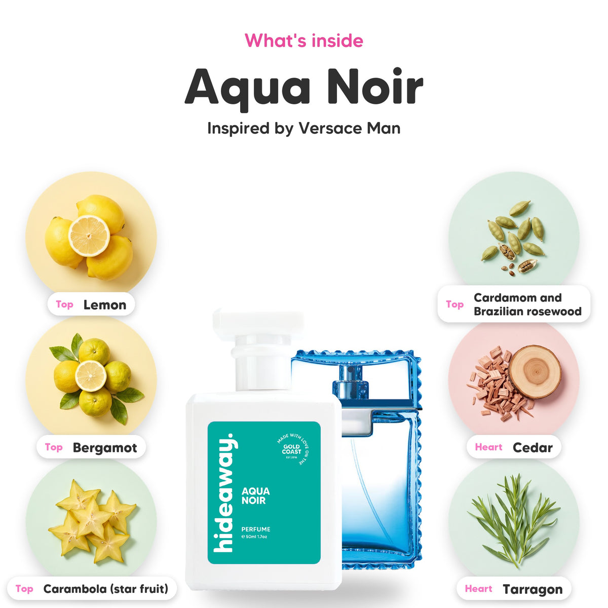 Notes inside Aqua Noir: Lemon, bergamot, carambola (star fruit), cardamom and Brazilian rosewood, cedar, tarragon