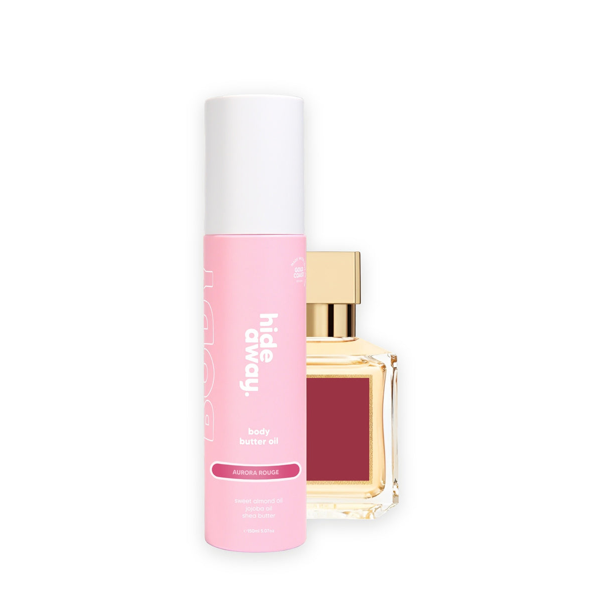 Hideaway. Aurora Rouge body butter oil beside the MFK Baccarat Rouge 540 bottle it is inspired by